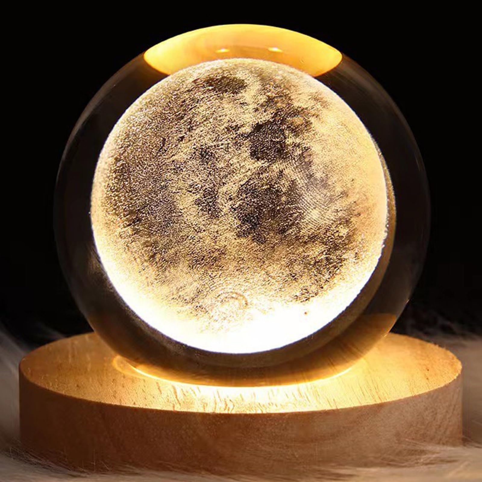 Saturn Lamp, 3D Saturn Crystal Ball Night Light with Wood Base Clear Crystal Ball Night Lamp Fantasy Atmosphere Decoration Ball Nightlight for Home Office Living Room Bedroom (Moon)