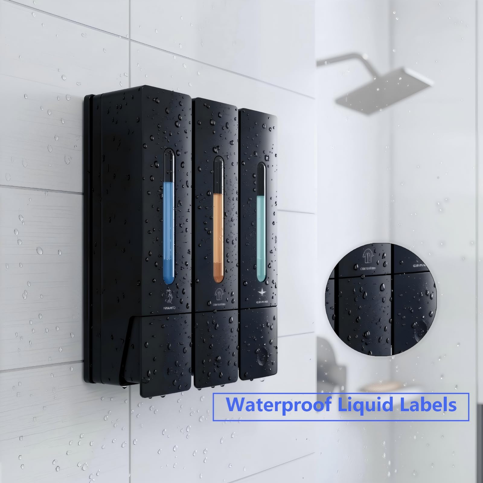 Dispenser per shampoo e balsamo, dispenser di sapone da doccia a 3 camere senza trapano per doccia dispenser per bagnoschiuma a parete per bagno, hotel, cucina, 3 x 400 ml, grande capacità, nero