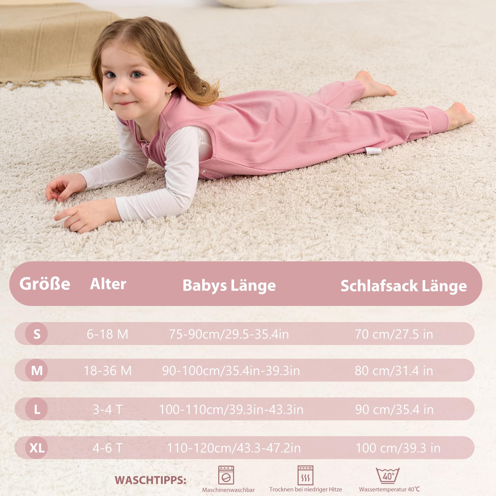 Looxii Pack de 2 Saco de Dormir bebé con Pies 0.5 TOG Algodón sacos de dormir de verano para 6-18 Meses Niños Niñas 70 cm Oso Rosa — view 7