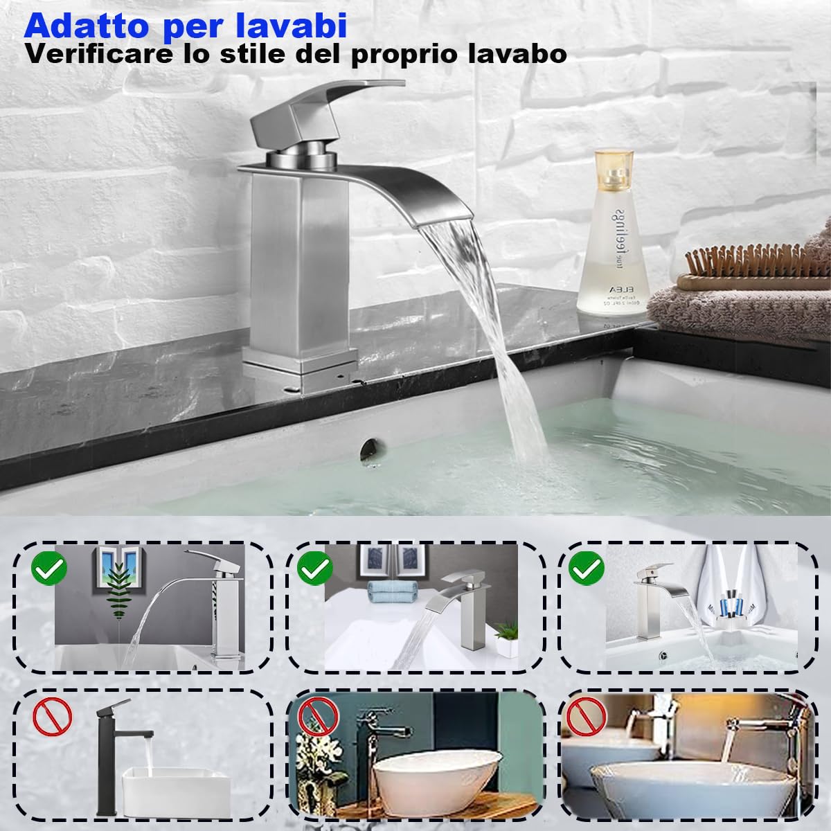 XWIHTR Rubinetto da bagno a cascata, rubinetto per lavabo, rubinetto per lavabo a una maniglia; bocca calda e fredda, silenzioso; rubinetto da bagno in ottone in acciaio inox (spazzolato)