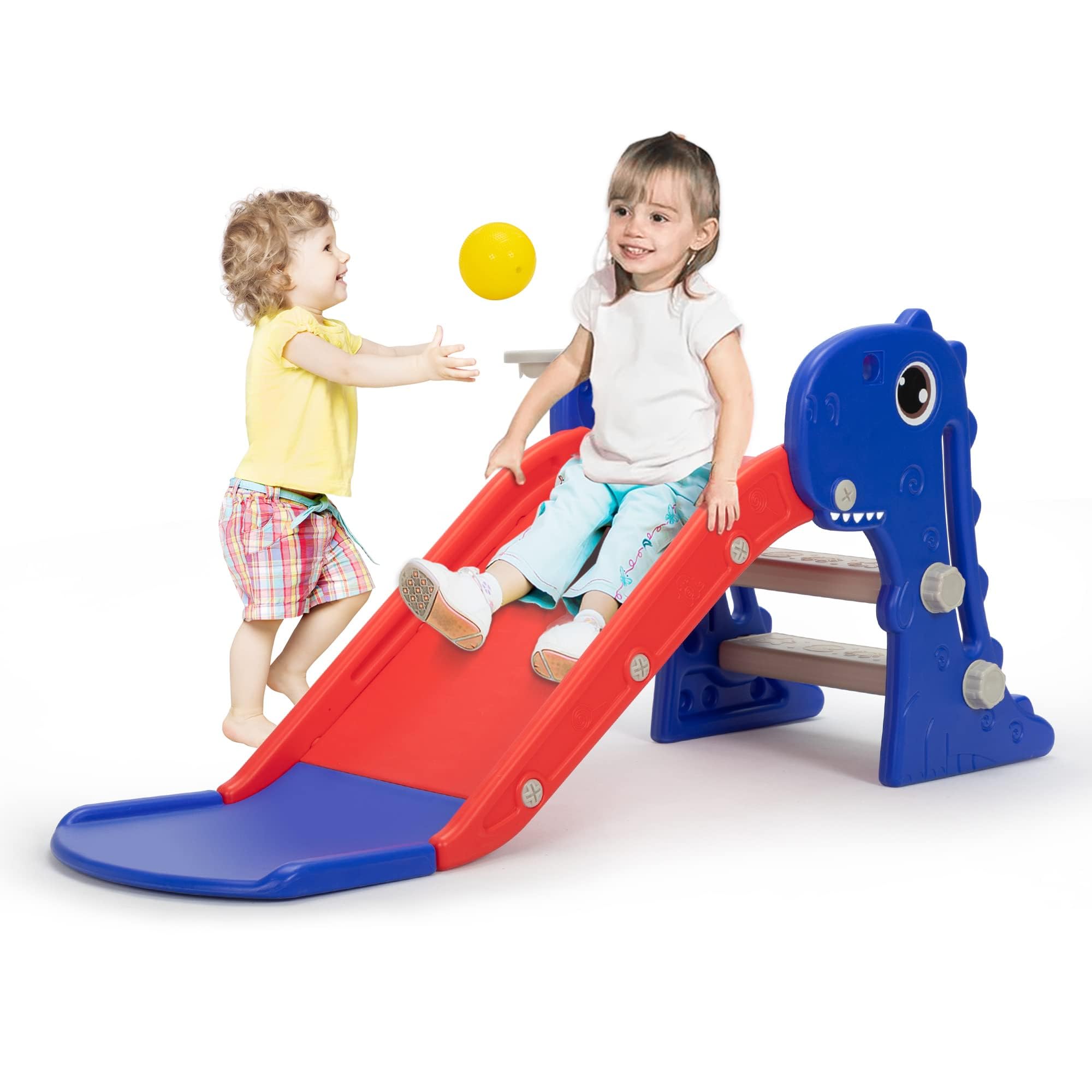 3 in 1 Toddler Slide for Boys Girls Age 1-3, Baby Slide Plastic Climber Playset with Basketball Hoop and Ball, Indoor Slide and Outdoor Playground Slide for Kids (Dinosaur Blue)