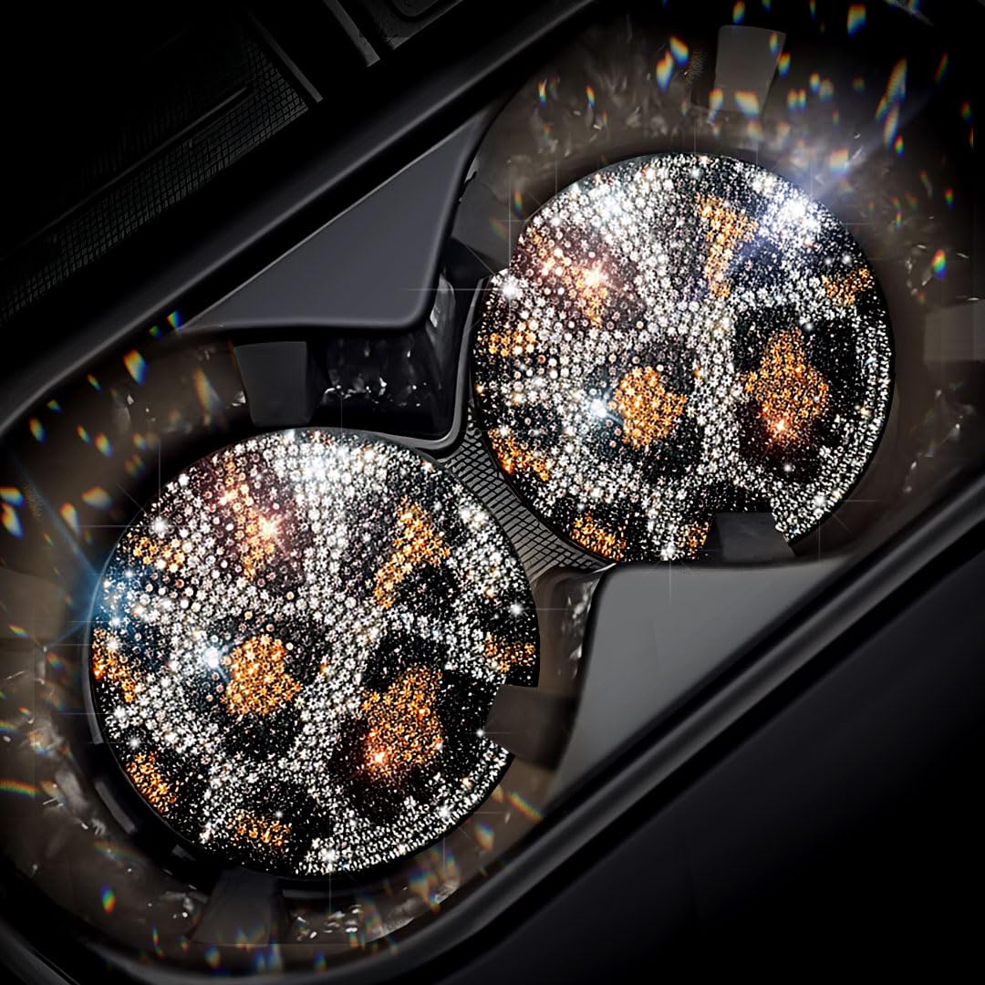Murimt Women's Leopard Bling Car Accessories Water Coaster For Print Rhinestone Car Coasters, Drink Coasters 2.75In(2 Pcs)