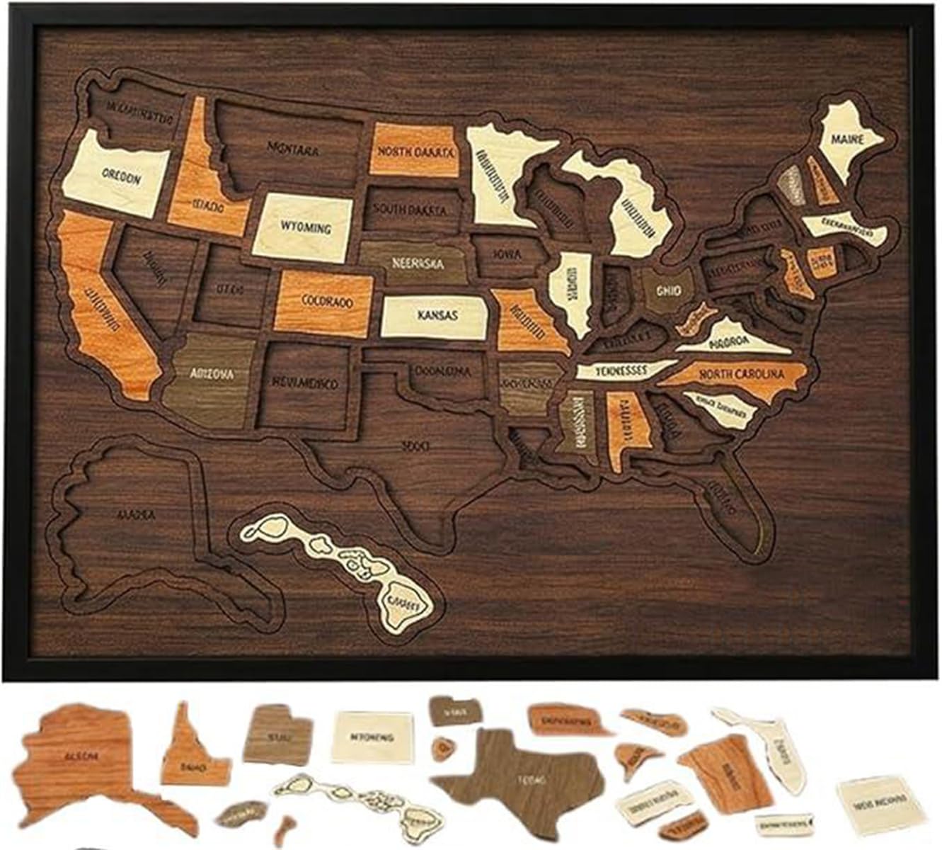 Wooden USA Travel Map Puzzle, Wooden USA Map Puzzle with State-Shaped Pieces, Detachable United States Journey Tracker Maps Pin Board, Perfect for Home & Classroom Wall Art (1 Pcs)