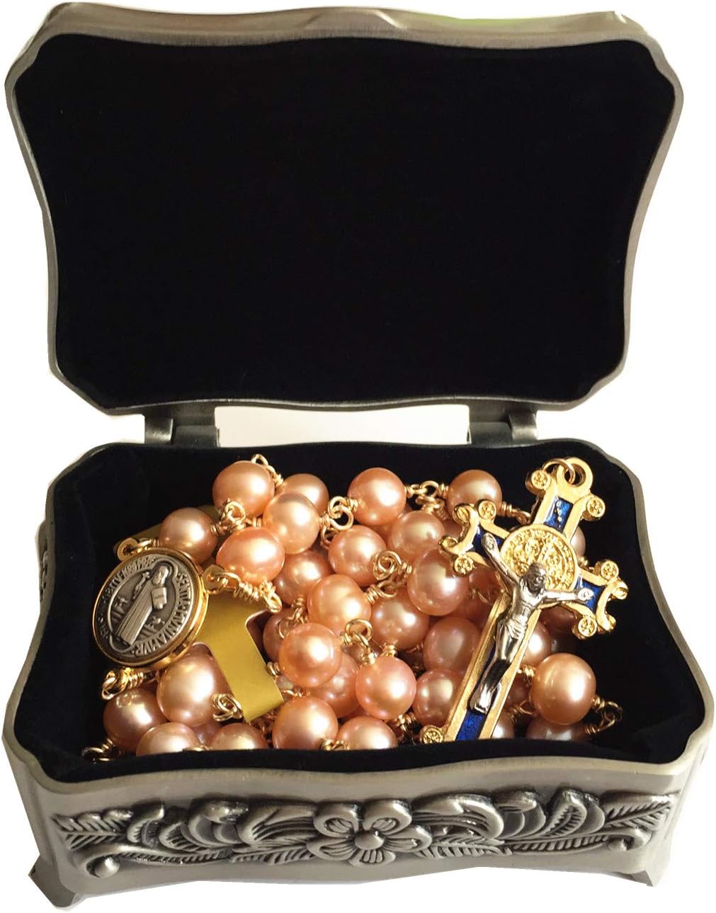 elegantmedical Pink 8mm Real Pearl BEADS St. Benedict ROSARY CROSS Necklace & box Catholic GIFTS