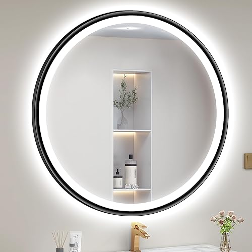 Miniatura 9 de S'bagno Espejo LED Dorado de 32X24 para baño con luz frontal y retroiluminación, espejo de baño LED con marco de metal, antivaho, regulable