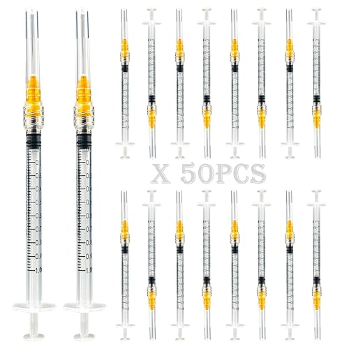 Paquete de 50 jeringas Luer Lock de 0.0 fl oz con agujas de 25Ga, jeringas y agujas de plástico desechables de embalaje individual para laboratorios