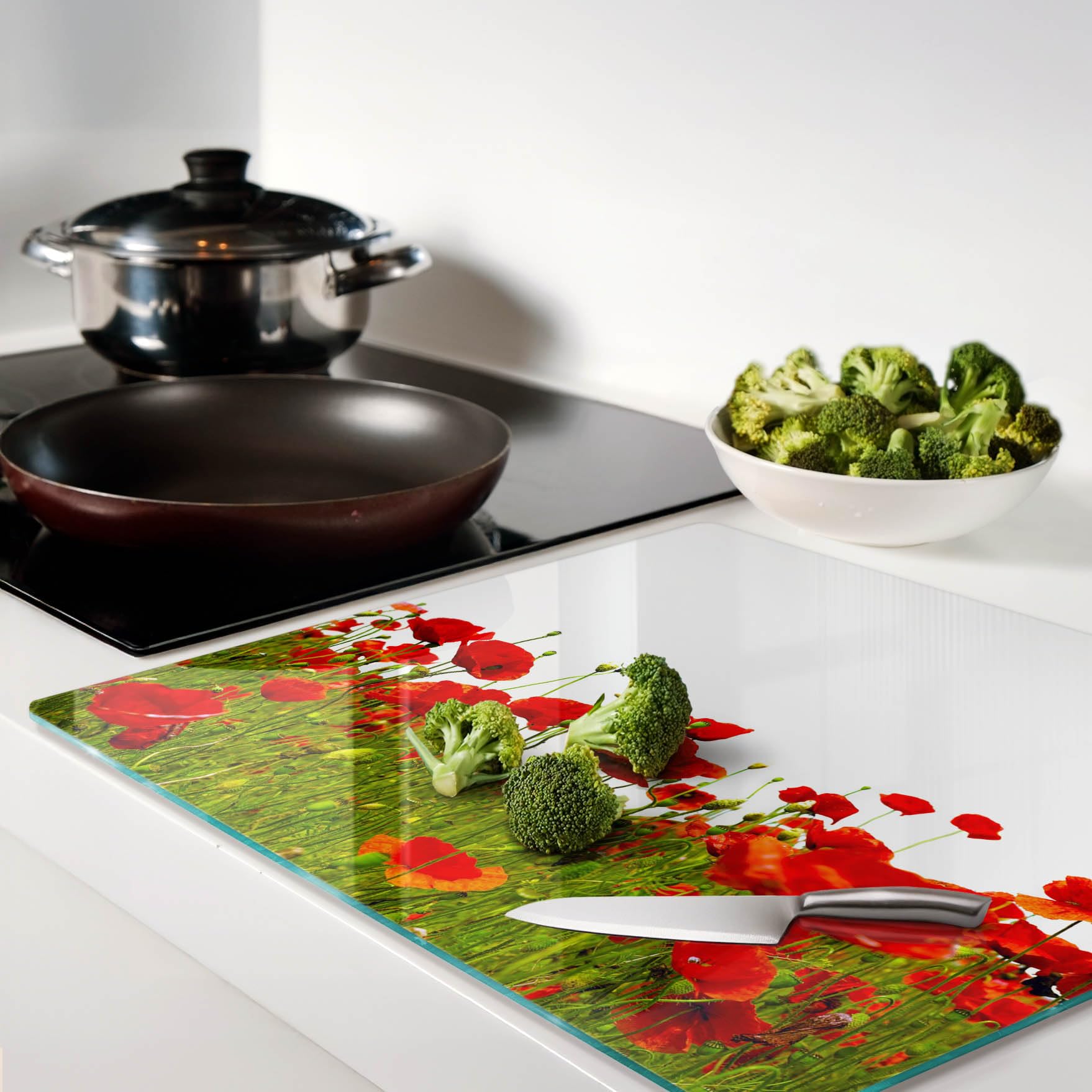 Küchenbrett Glas 60x52 cm Lebensmittelecht Rutschfest Silikonfüße Antibakteriell Dekorativ Dünn Glasplatte Hitzebeständig für die Küche Gehärtetes Glas Plastikfrei - Feldmohn