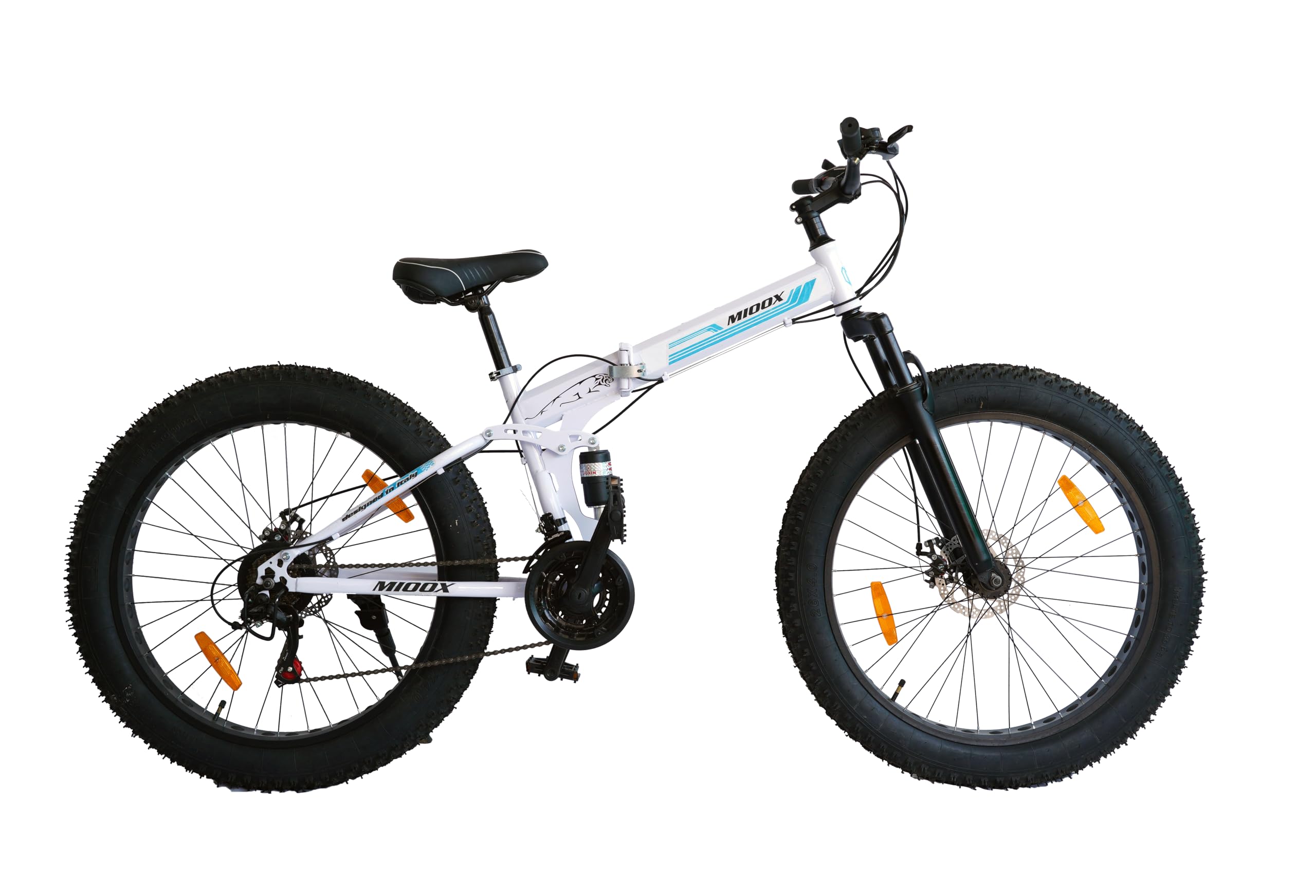 MIOOX Fat Tyre Folding White Cycles Bicycle Dual Suspension Fat Mountain Bike with 26X4 Inch Wheels and with 21 Speed Shimano Gears 26 T Fat Tyre Cycle for Unisex Adults 18 Inches (Blue)-image-26