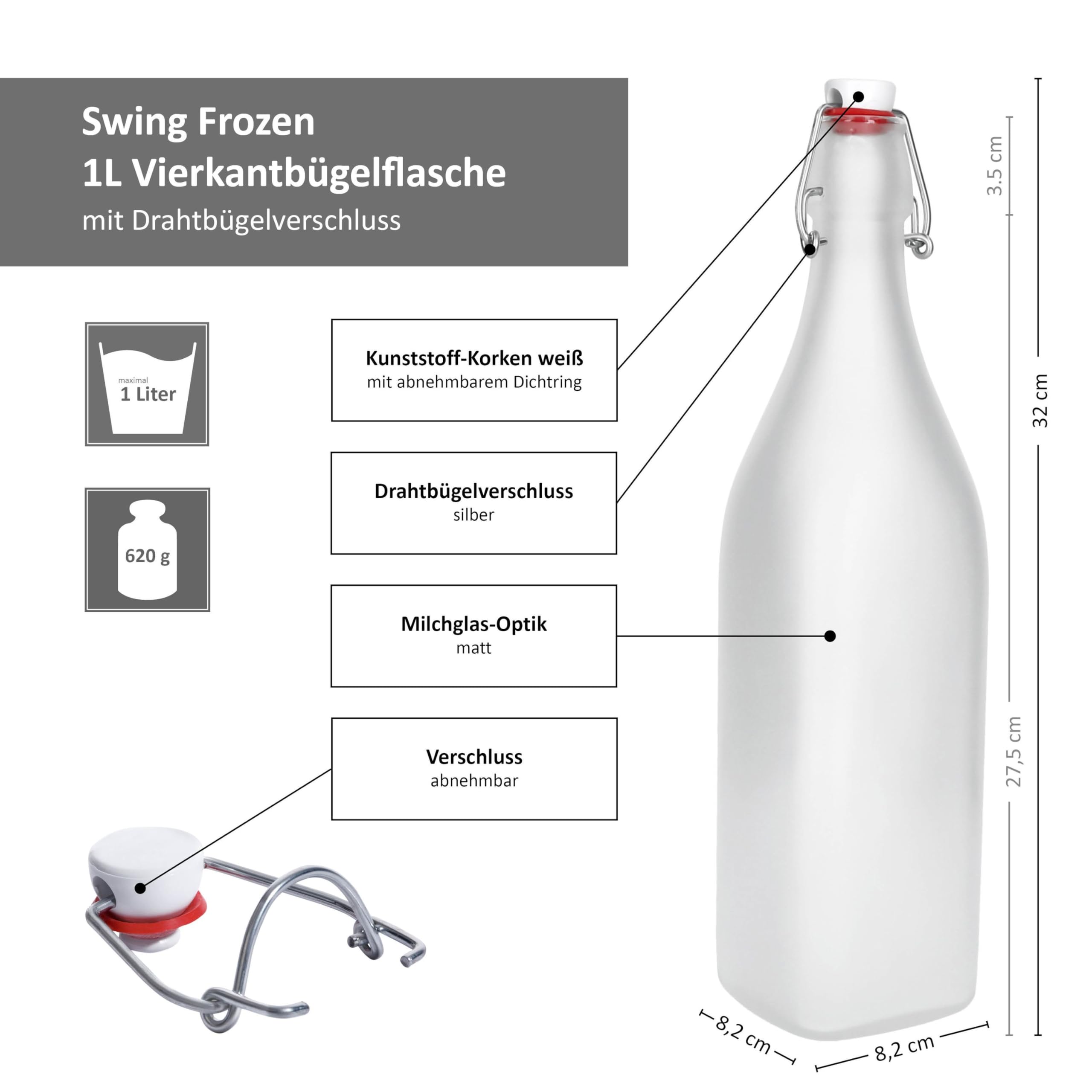 MamboCat 12er Set Vierkant-Bügelflaschen Swing I 1 L I Frozen-Glas | edle Verpackung I Essig & Öl I Trink-Flaschen I Milchglas transluzent