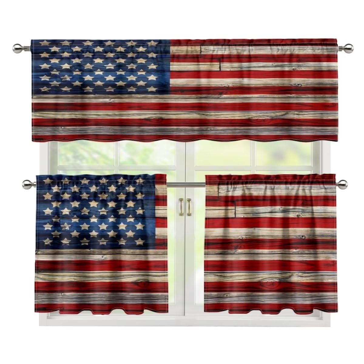 Rustic American Flag Kitchen Valance & Tier Curtain Retro Independence Day Rod Pocket Bedroom Dining Room Cafe Office Living Room 54 x 18 inches + 27 x 35.8 inches *2