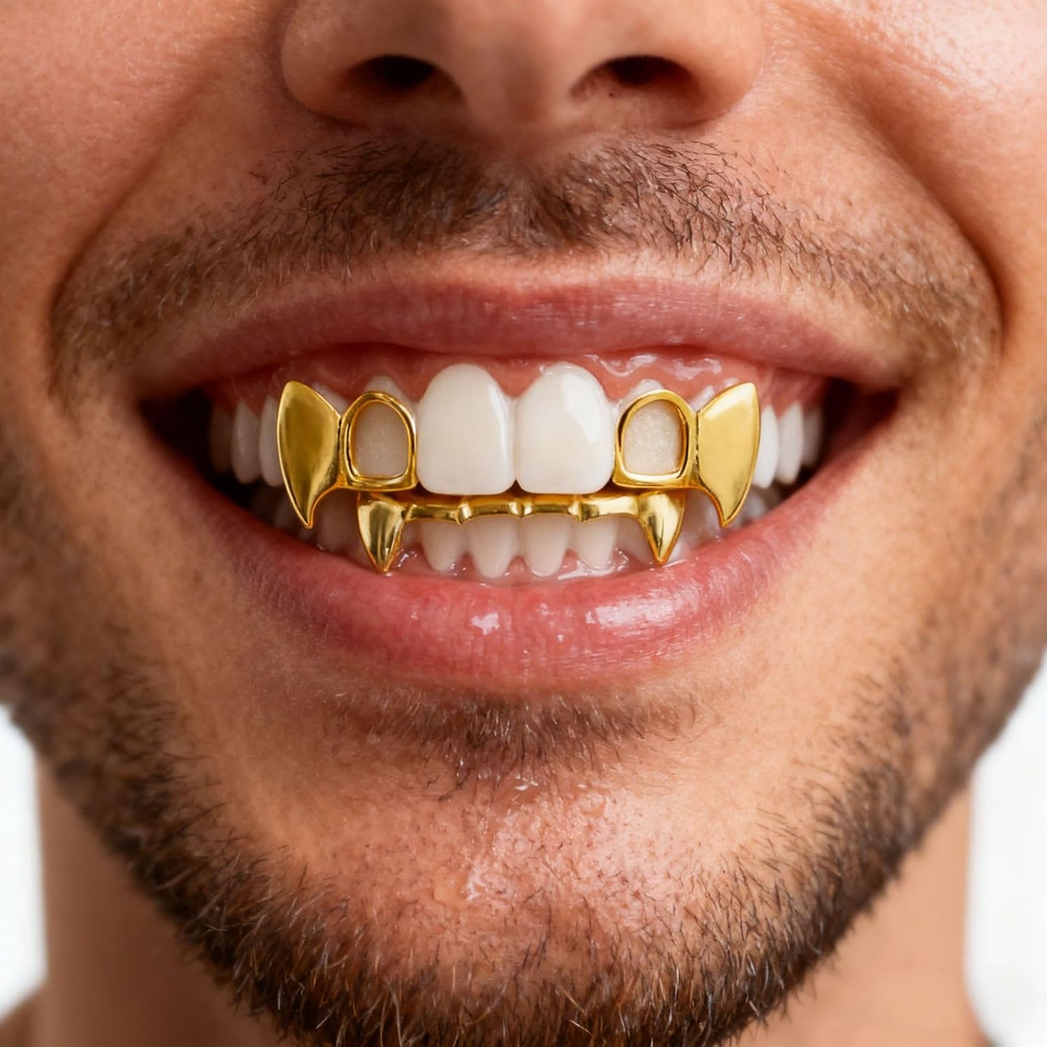 3Pcs 14K Gold Plated Hip Hop Grillz Set Fake Tooth Cap Open Face Top & Bottom Teeth Grills for Your Teeth Grillz for Men Women Rapper Halloween Costume