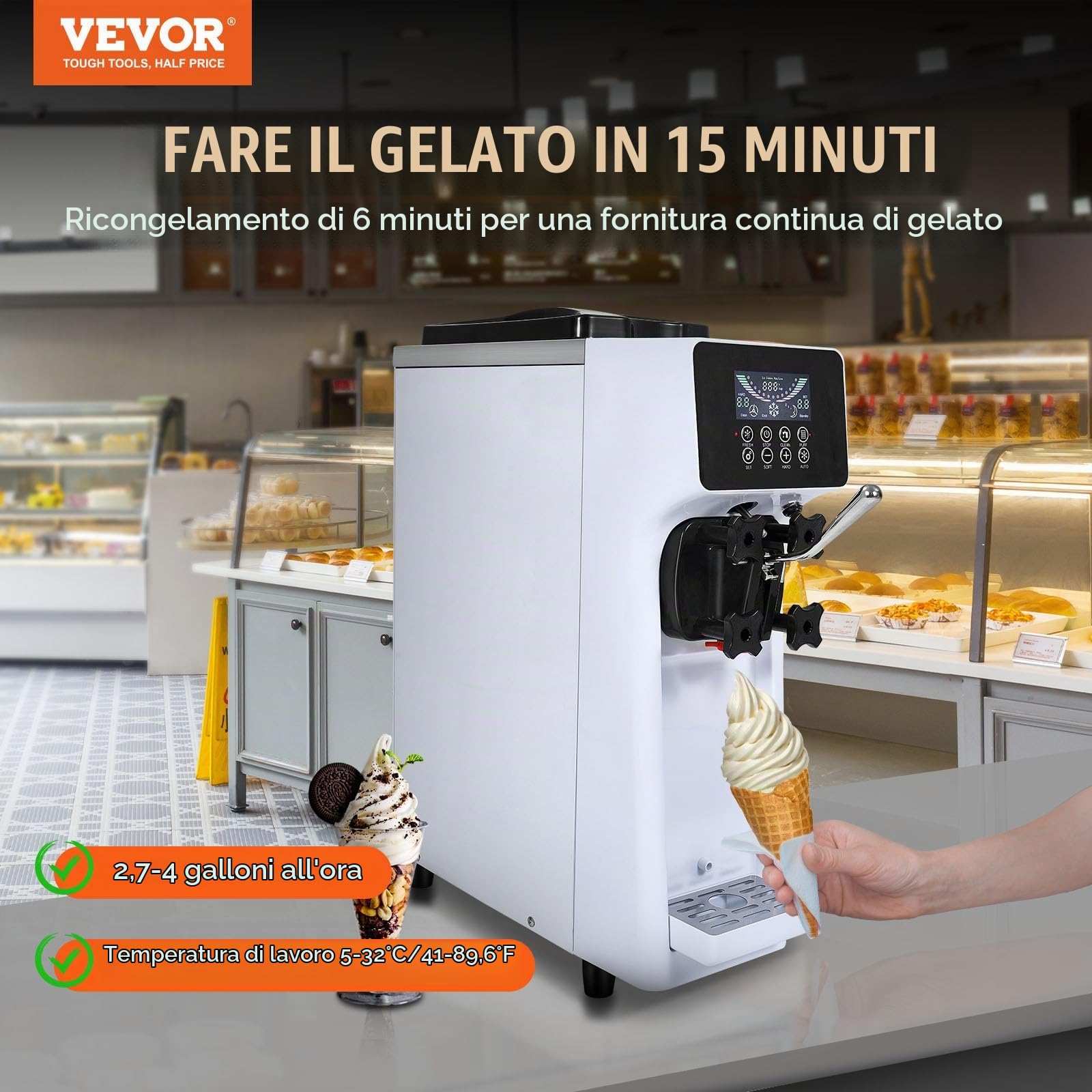 VEVOR Macchina per Gelato Morbido Commerciale, Resa 10 L/H, Macchina per Gelato Soft da Banco 900 W Monogusto, Tramoggia da 4 Litri Cilindro da 1,6 L, Pannello LCD Autopulente, Bar, Ristorante, Hotel