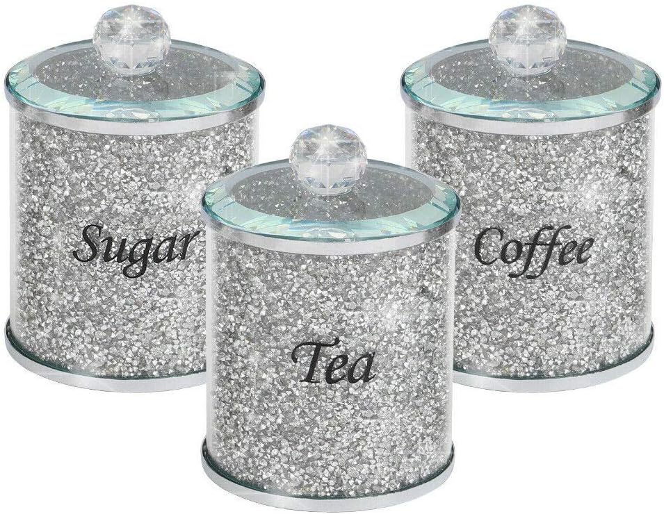 CMK Diamond Crushed Tea Coffee Sugar Canisters Jars Kitchen Storage Silver Trimmings Crystal Filled Black writing