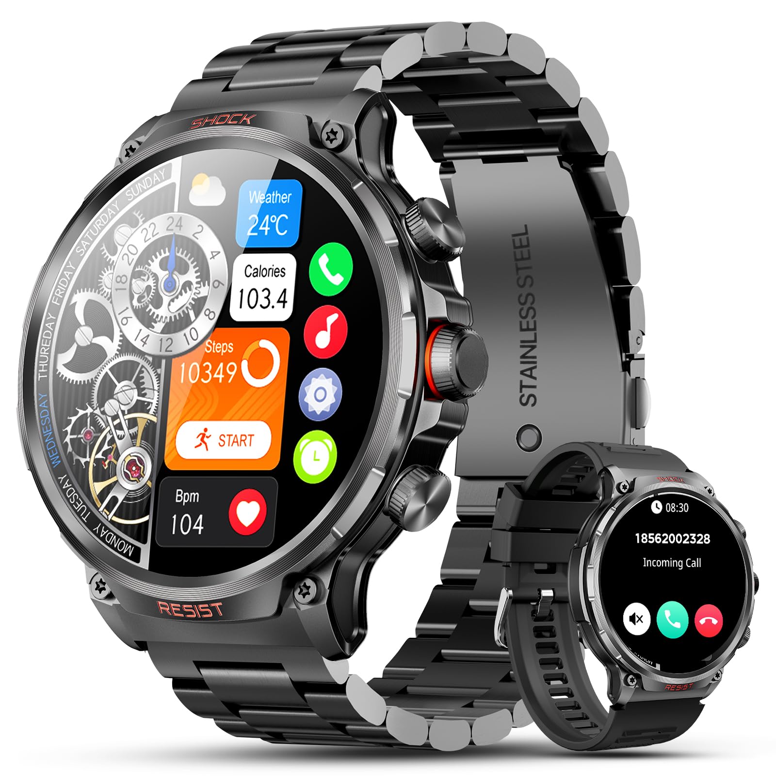 WalkerFit Smartwatch Uomo Militare 1,85", Batteria 710mAh, Orologio Smart con Chiamate & Monitoraggio Sonno, 100+ Modalità Sport, Orologio Fitness Impermeabile per Android iOS (Nero)