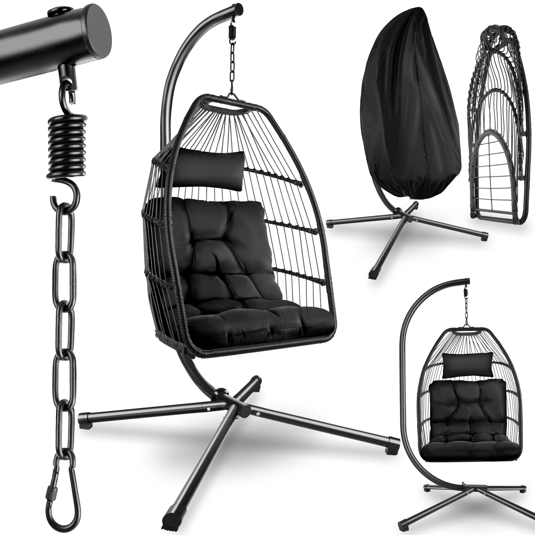Tectake Black Tectake® Luxurious Egg Chair With Stand, Thick Cushions, Polyrattan Weave, Rotatable & Height-Adjustable, Steel Frame, Incl. Protective Cover - Ideal Hammock Chair For Garden, Patio & Balcony