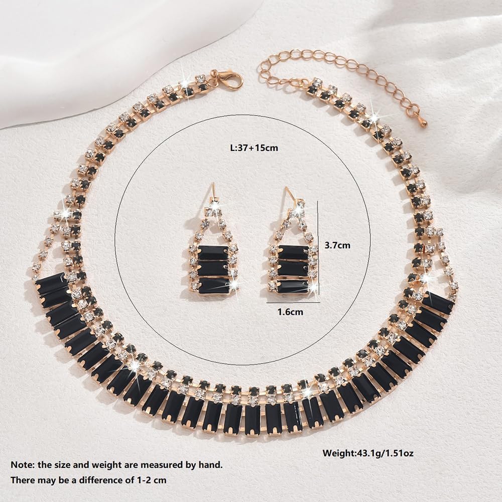 Boho Fashion Prom Shinny Black Rhinestones Choker Necklace Earrings Set Dainty Layered Sexy Choker Necklace Gold Black Halloween Christmas Necklace for Women - Image 6