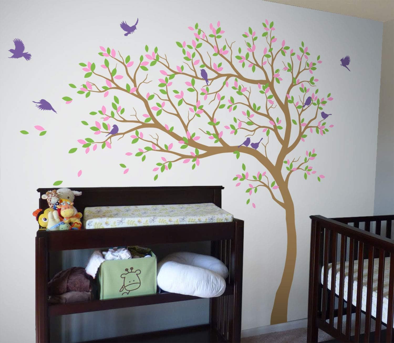 Large Tree Wall Decals Nursery Leaning Tree Stickers with Birds Wall Art Mural Vinyl Decor KW032 (Leaning Left, Light Brown, Lime-Tree Green, Soft Pink, Lavender)