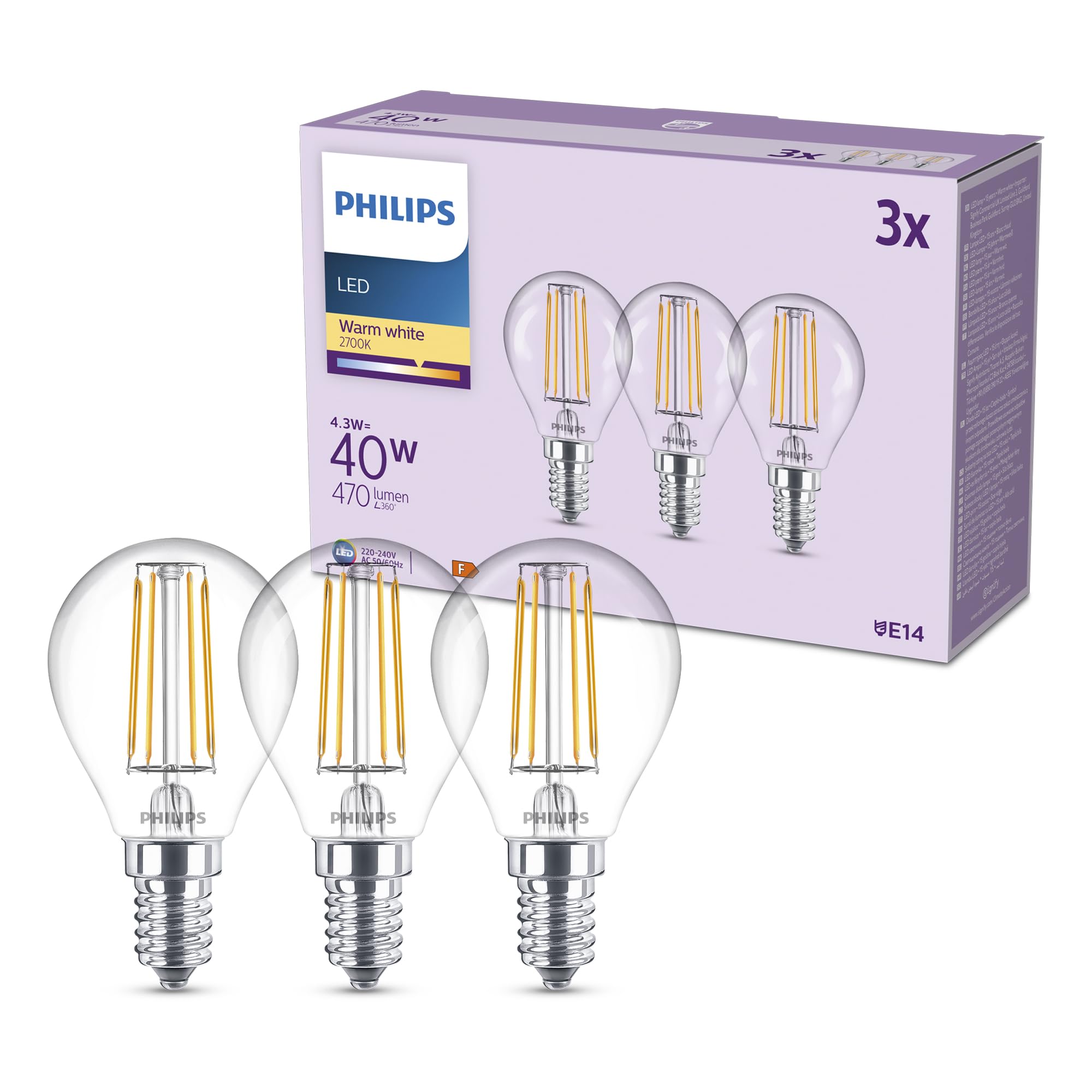 Philips Classic P45 LED Bulb, 40 W, Clear, E14 Socket, Warm White 2700 K, 3 Pack