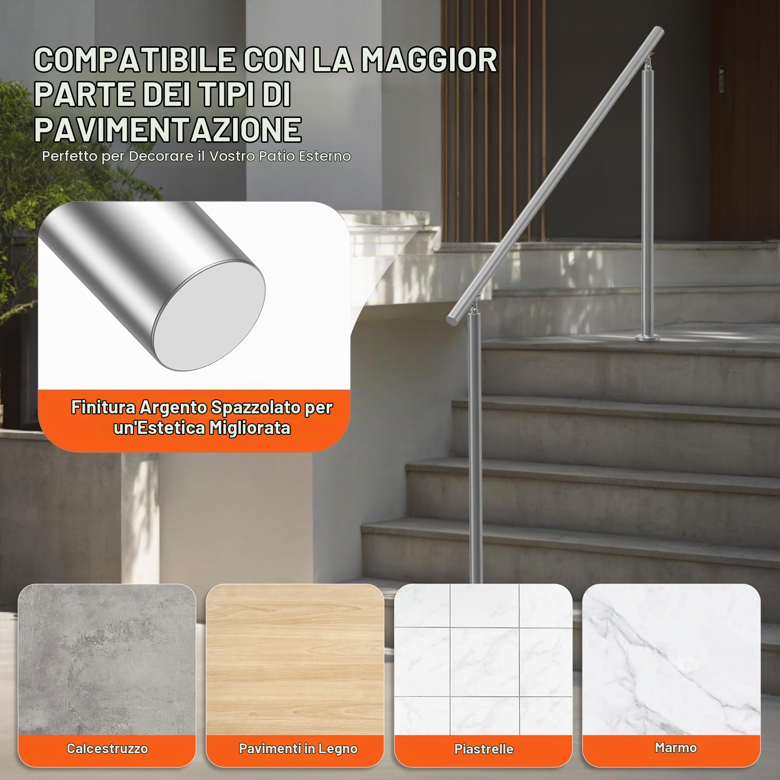VEVOR Corrimano per Gradini Esterni, Lunghezza di 150 cm Ringhiere di Transizione in Acciaio Inossidabile con Kit di Installazione, Corrimano per Scale a Doppia Colonna per Anziani, Veranda, Terrazza