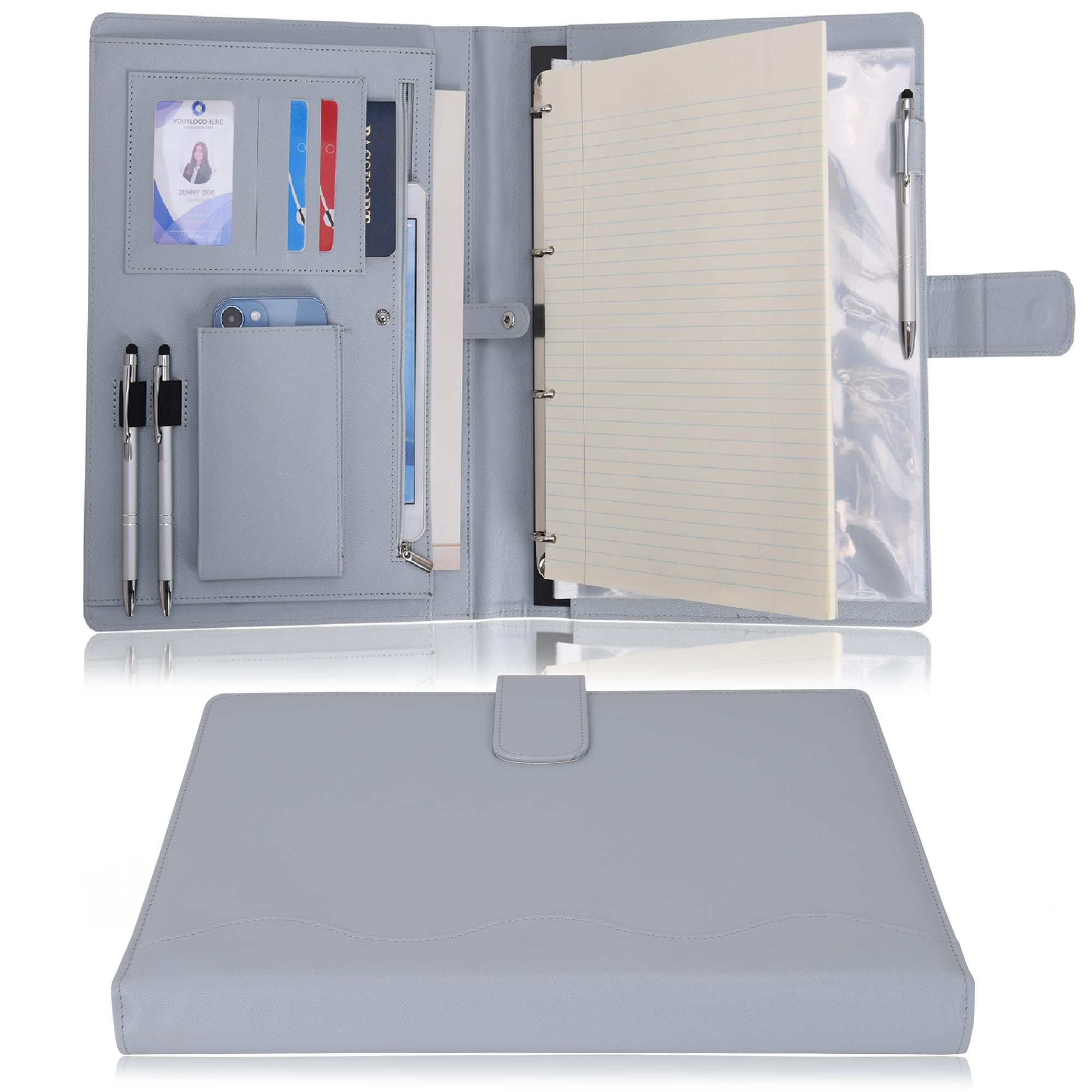 Wonderpool A4 PU Leather 4 Ring Holder Writing Portfolio Multi Document Case with Removable Binder Clipboard and Functional Pocket for Organizer Office Travel School (Gainsboro)