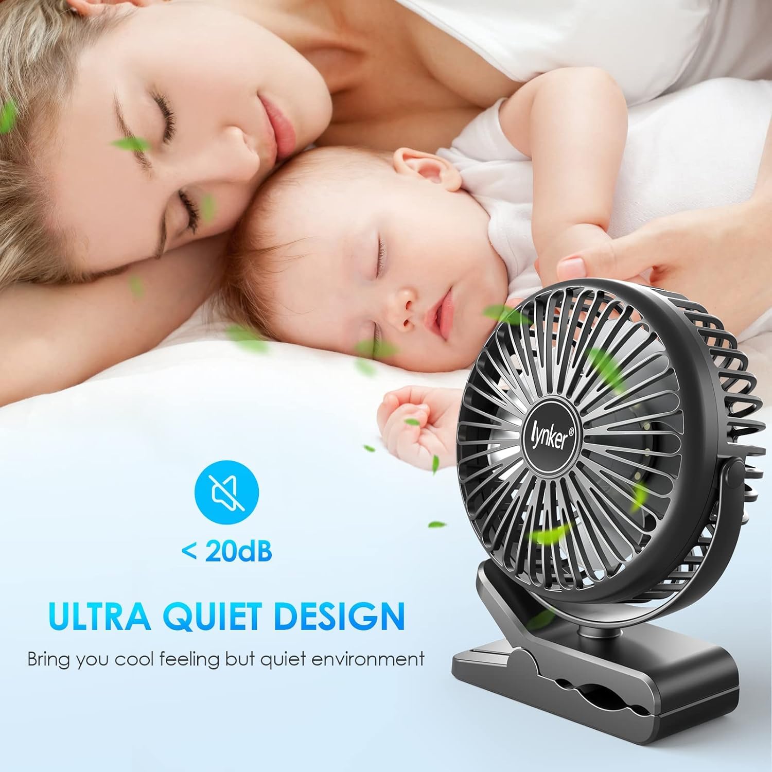 lynker Mini USB Clip Ventilator 10000 mAh, 12-40h, 3-IN-1 Clip Fan Tischventilator mit LED-Licht, Leise Camping Ventilator, 360° Drehung, 3 Geschwindigkeiten für Büro, Ausflüge