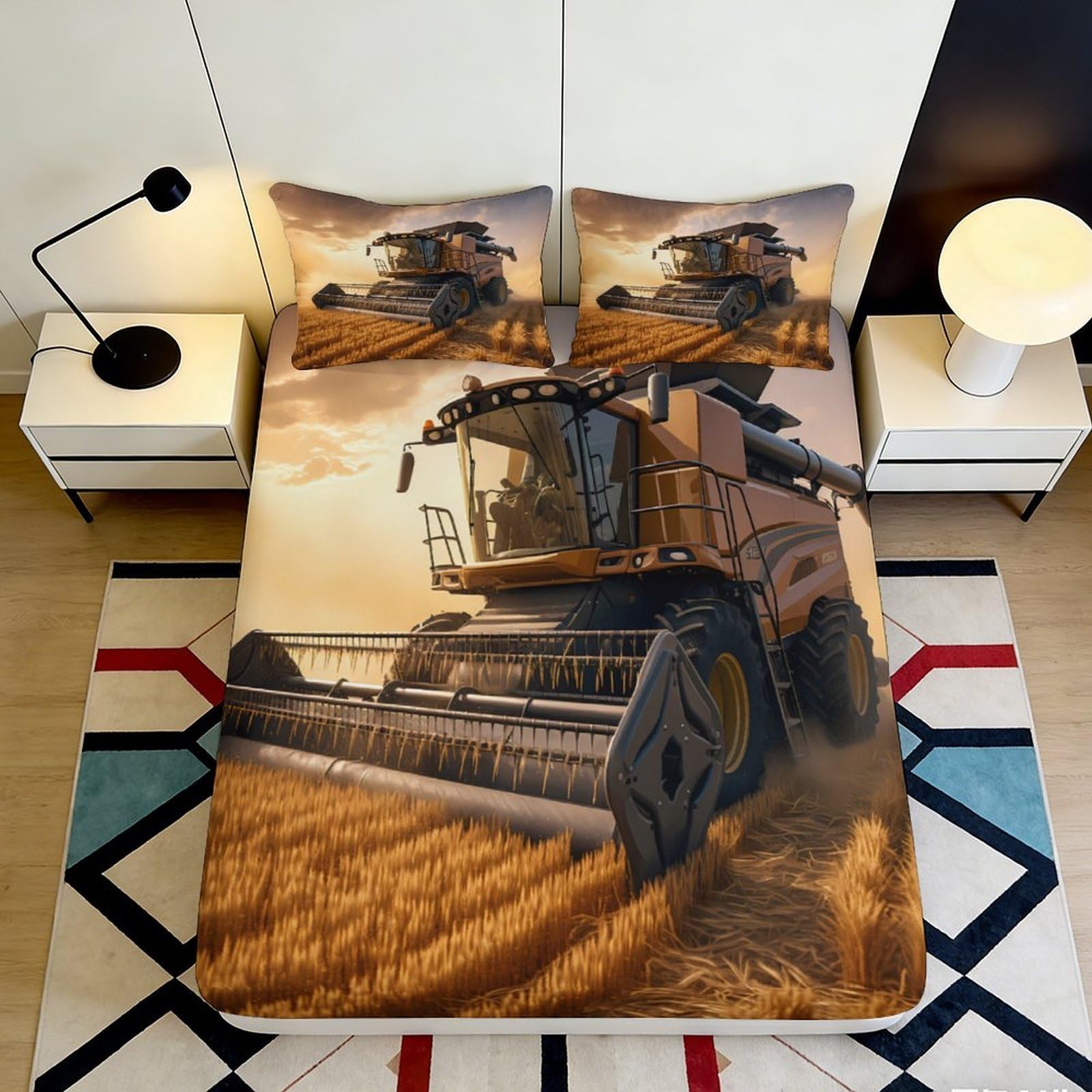 Pnayamiorkfel Style-2 3D Printed Harvester In Wheat Field Fitted Sheet Microfiber Anti-Slip Bed Cover For Bedroom Guest Room Decor 90X200x25cm