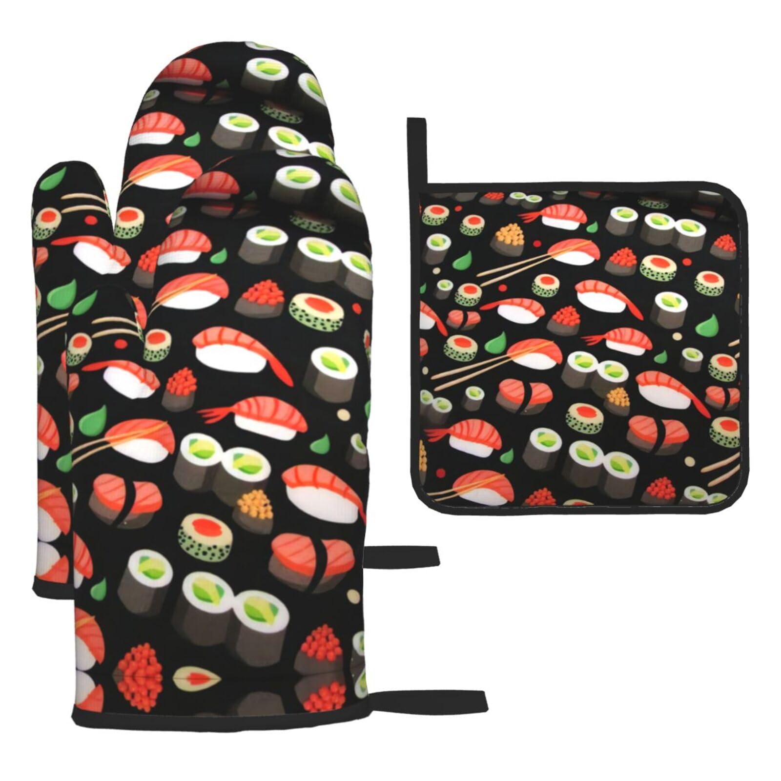 Japanese sushi shrimp 3-Piece Oven Mitt Set - Printed Heat Resistant Gloves with Pot Holder Mat for Cooking Baking BBQ Grill - Polyester Kitchen Accessories