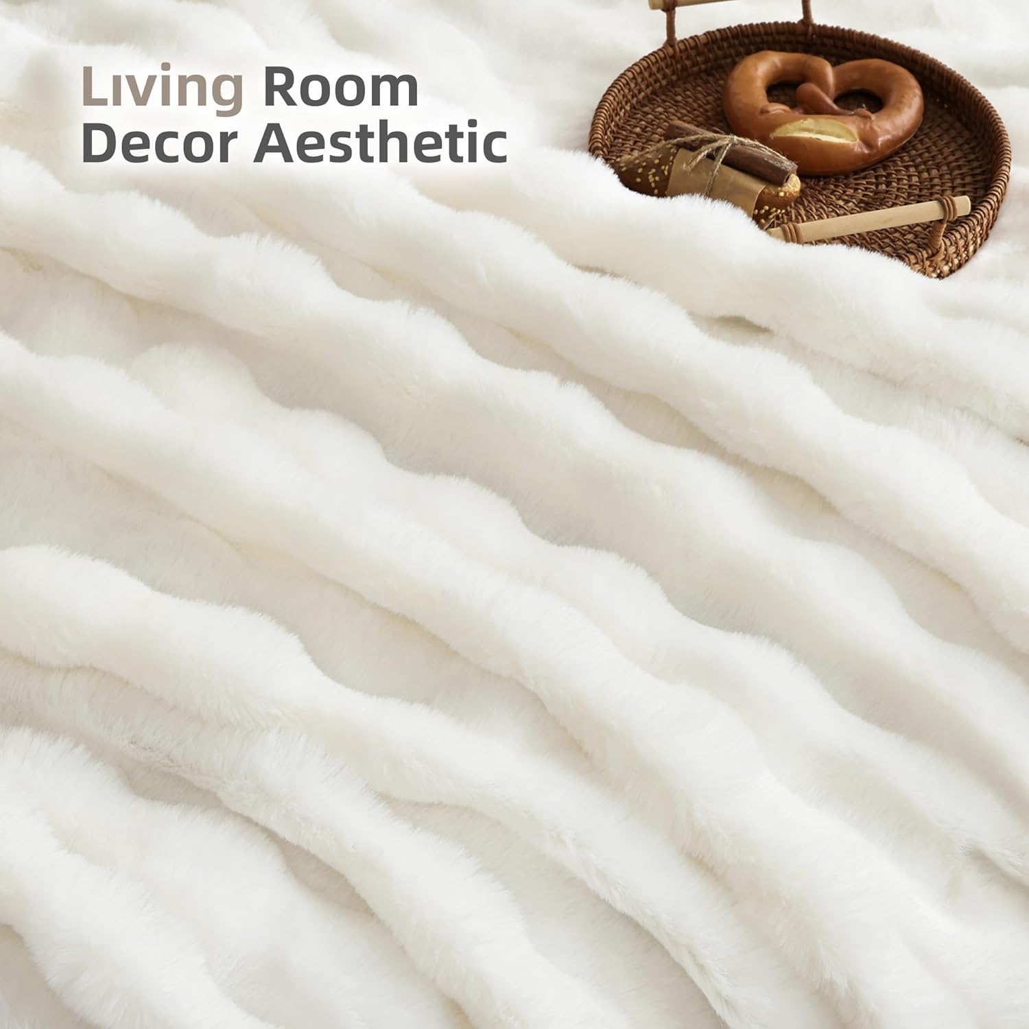 Smoofy Faux Fur Throw Blanket for Couch – Cream White Fluffy Cozy Rabbit Fleece, Plush Soft Bubble Blanket for Sofa & Bed, for Mom, Warm Fuzzy Home Room Decor Throw 60" x 80" - Image 6