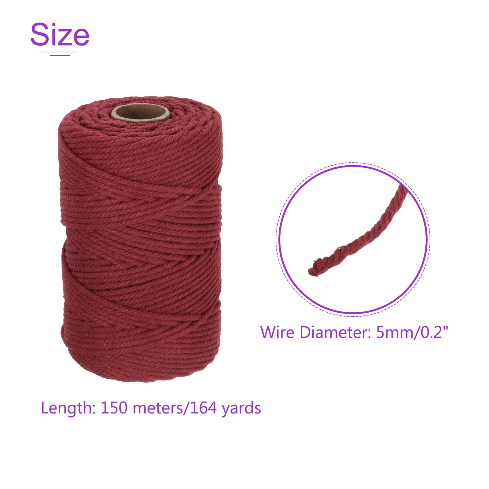 DMiotech 5mm x 150M (164 Yard) Wine Red Natural Cotton Macrame Rope - Image 4