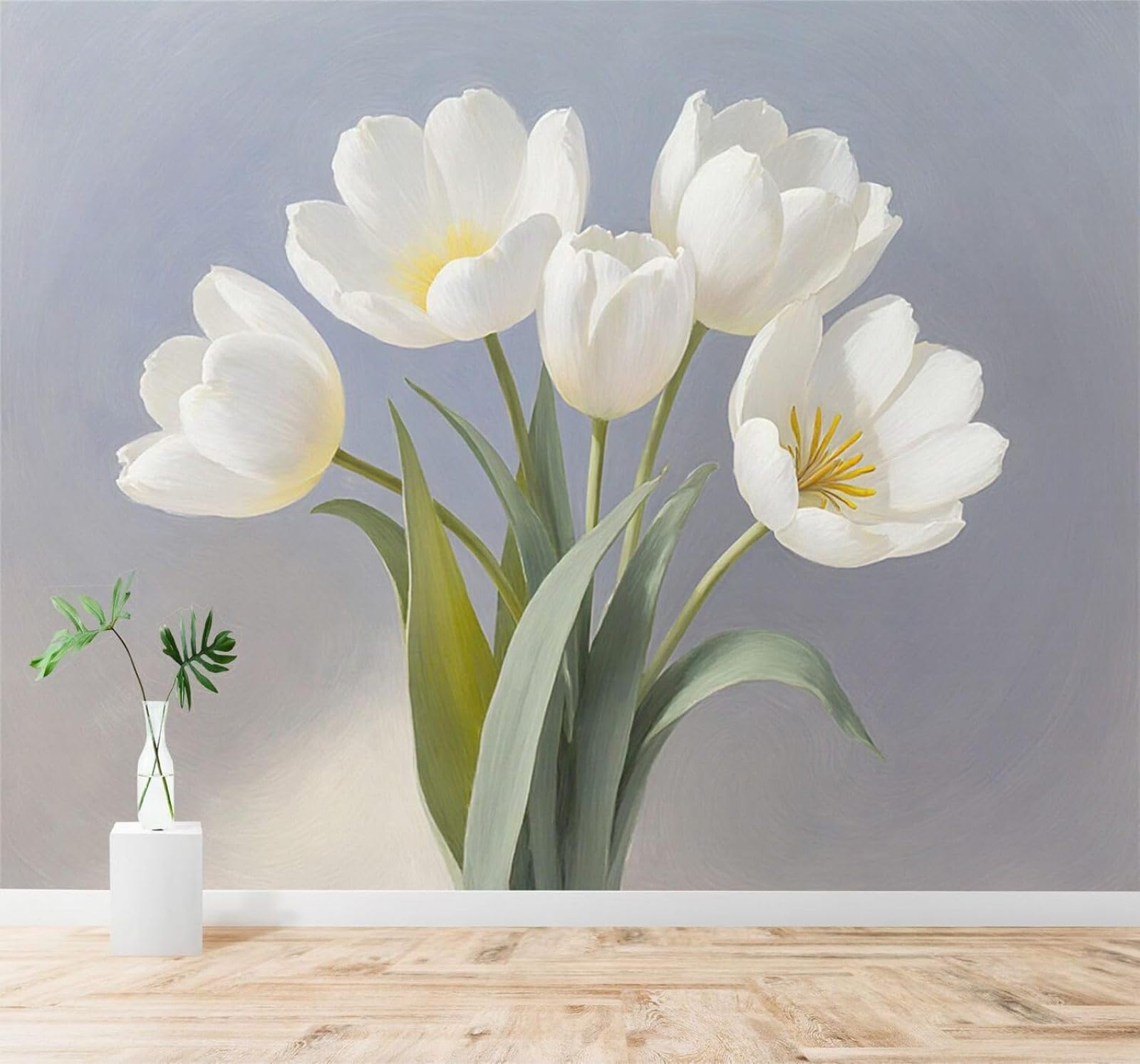XLMING Fresh Beautiful White Tulip Flowers Green Leaves Soft Grey 3D Wallpaper Silky Texture Home Study Office Grey Dining Room Sofa Bedroom Living Room TV Backdrop-200cm×140cm
