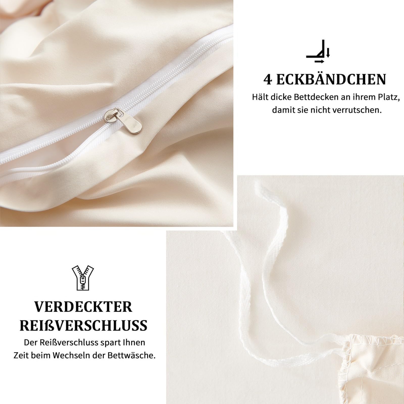 Freyamy Bettwäsche 200x200cm 3teilig Beige Pintuck Plisseefalten Luxus Bettwäsche Pinch Pleat Mädchen Bettwaren-Sets 100% Microfaser Weiche Bettbezug mit Reißverschluss und 2 Kissenbezug 80x80cm