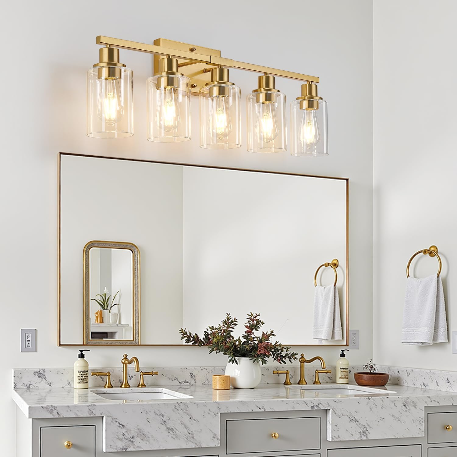 MOKATNG 5-Light Bathroom Light Fixtures, Vanity Light with Clear Glass Shades, Brushed Gold Bathroom Light Fixtures Over Mirror, Modern Bathroom Wall Lamp for Mirror Living Room Cabinet Bedroom