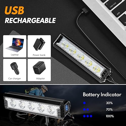 Miniatura 5 de BicycleStore Luz delantera para bicicleta, 5 LED de 2800 lúmenes, luces LED para bicicleta, 6600 mAh, impermeables, luces de bicicleta de carretera
