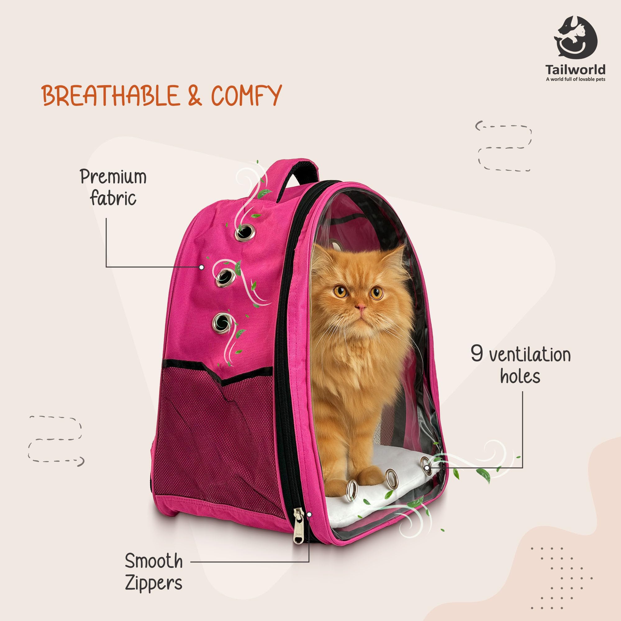 Tailworld Portable Pet Carrier Backpack for Cats & Small Dogs – Transparent Window, 9 Air Vents, Breathable Mesh, Built-in Safety Leash, Lightweight Travel Bag for Outdoor & Travel (Pink) 1