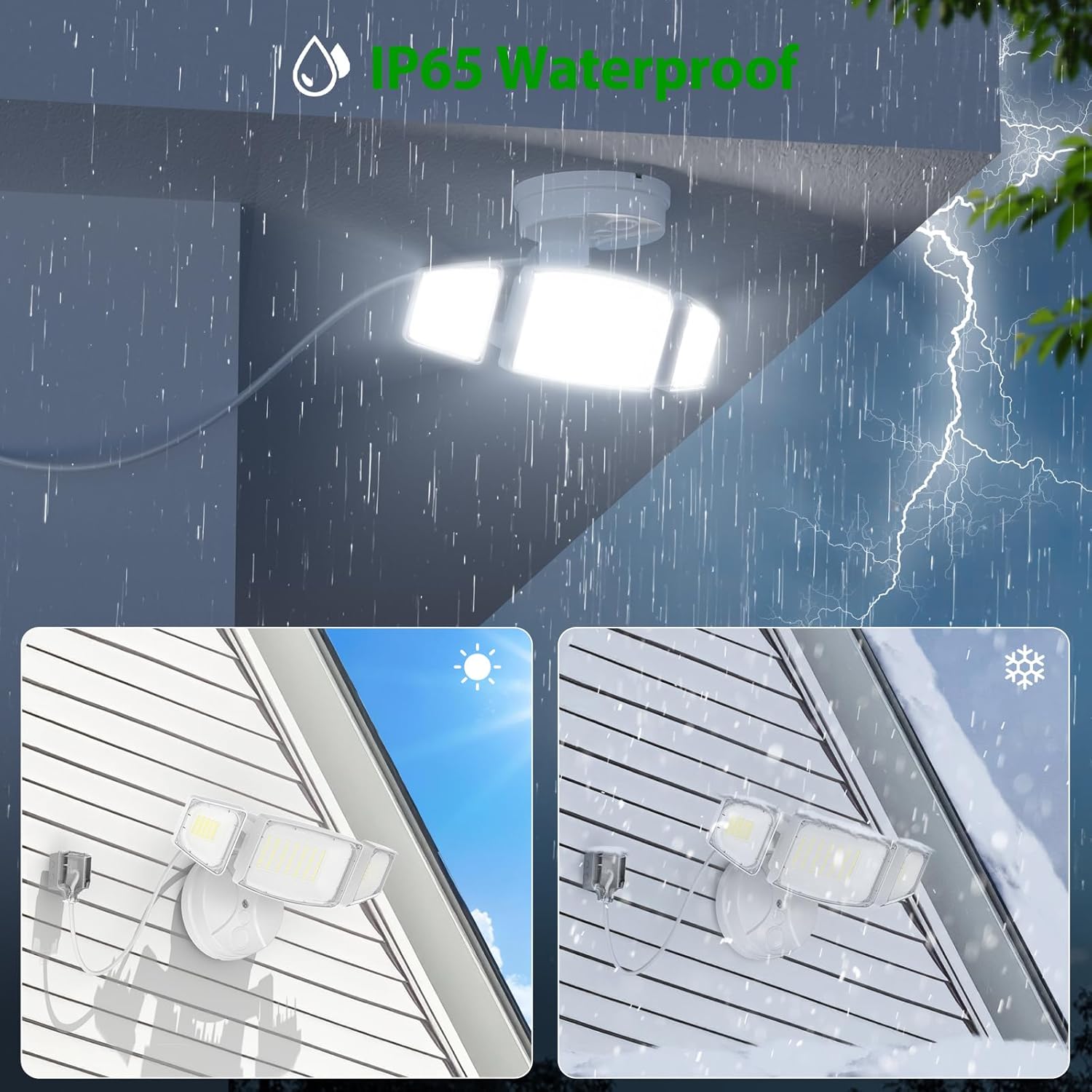 iMaihom 60W LED Flood Light operating during a rainstorm, demonstrating IP65 waterproof rating