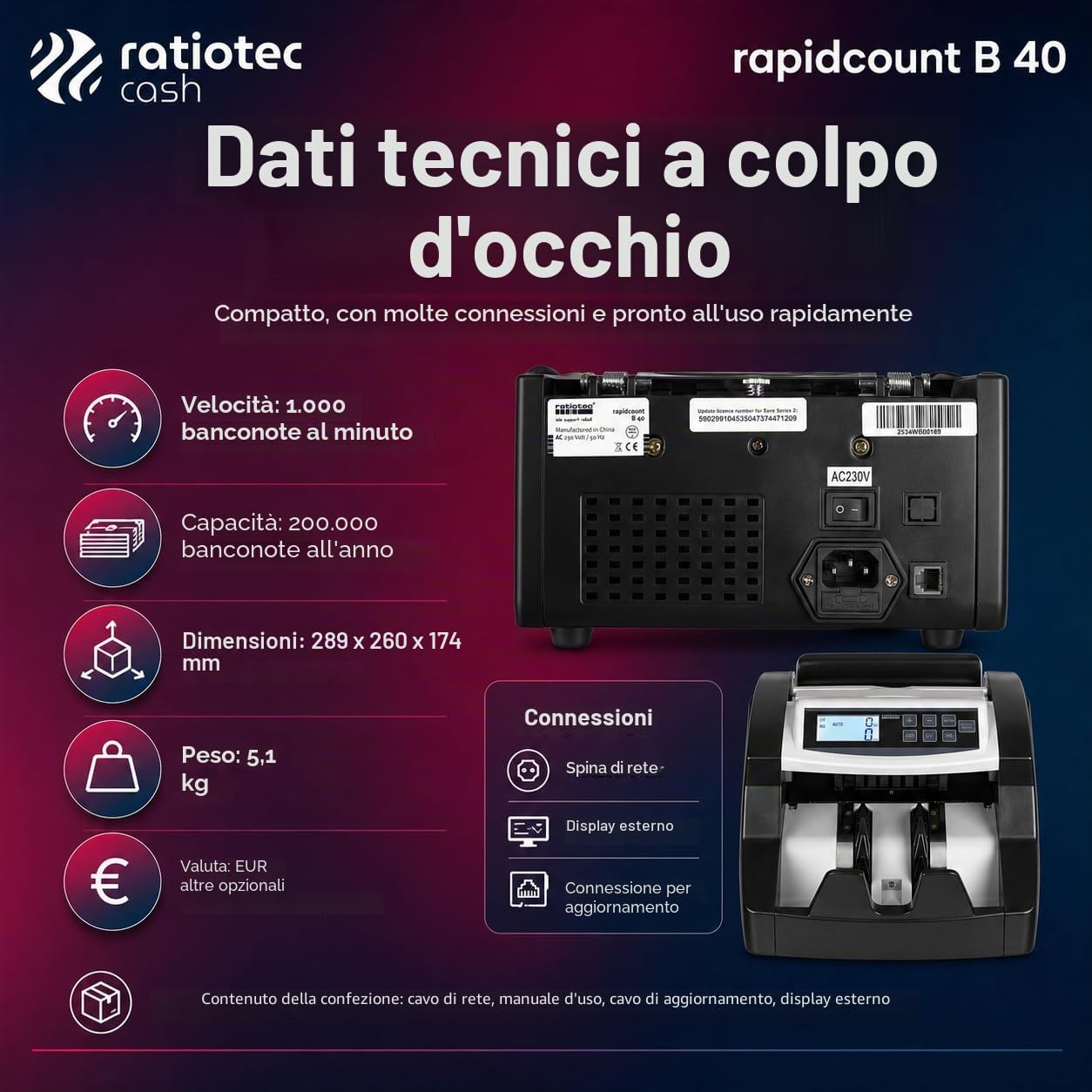 CONTADORA DETECTORA DE BILLETES RATIO-TEC RAPIDCOUNT B40 PARA EUROS/OTRAS OPCIONAL VELOCIDAD 1000 BILLETES/MINUTO DETECCIÃ“N UV