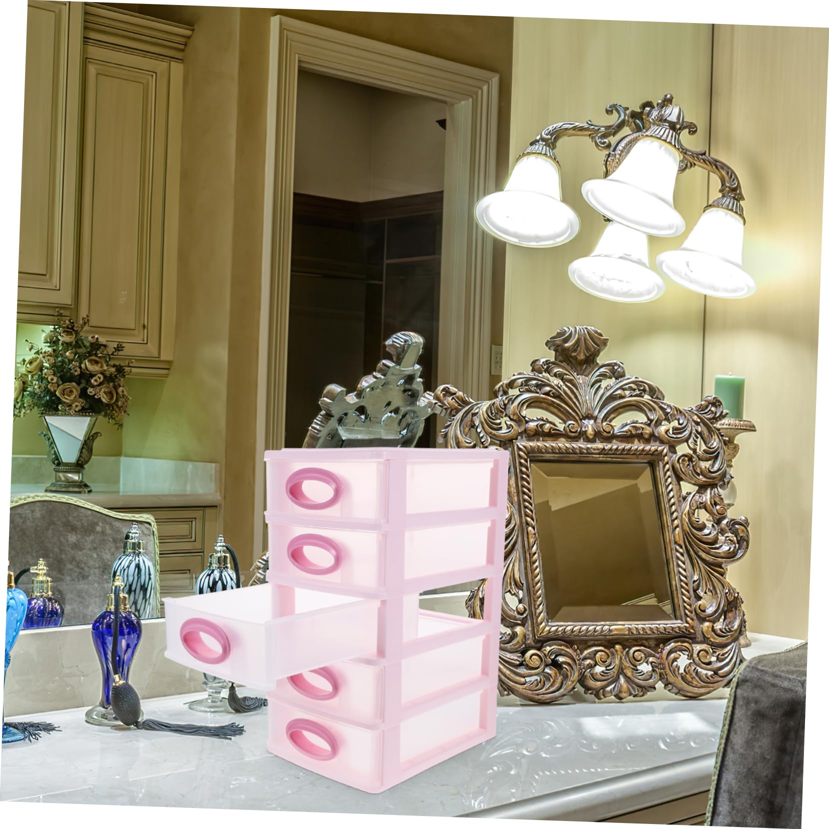VILLCASE Organizzatore da Scrivania Portaoggetti Pratico e Decorativo Rosa 5 Cassetti in Pp per Cosmetici e Accessori da Ufficio e Bellezza