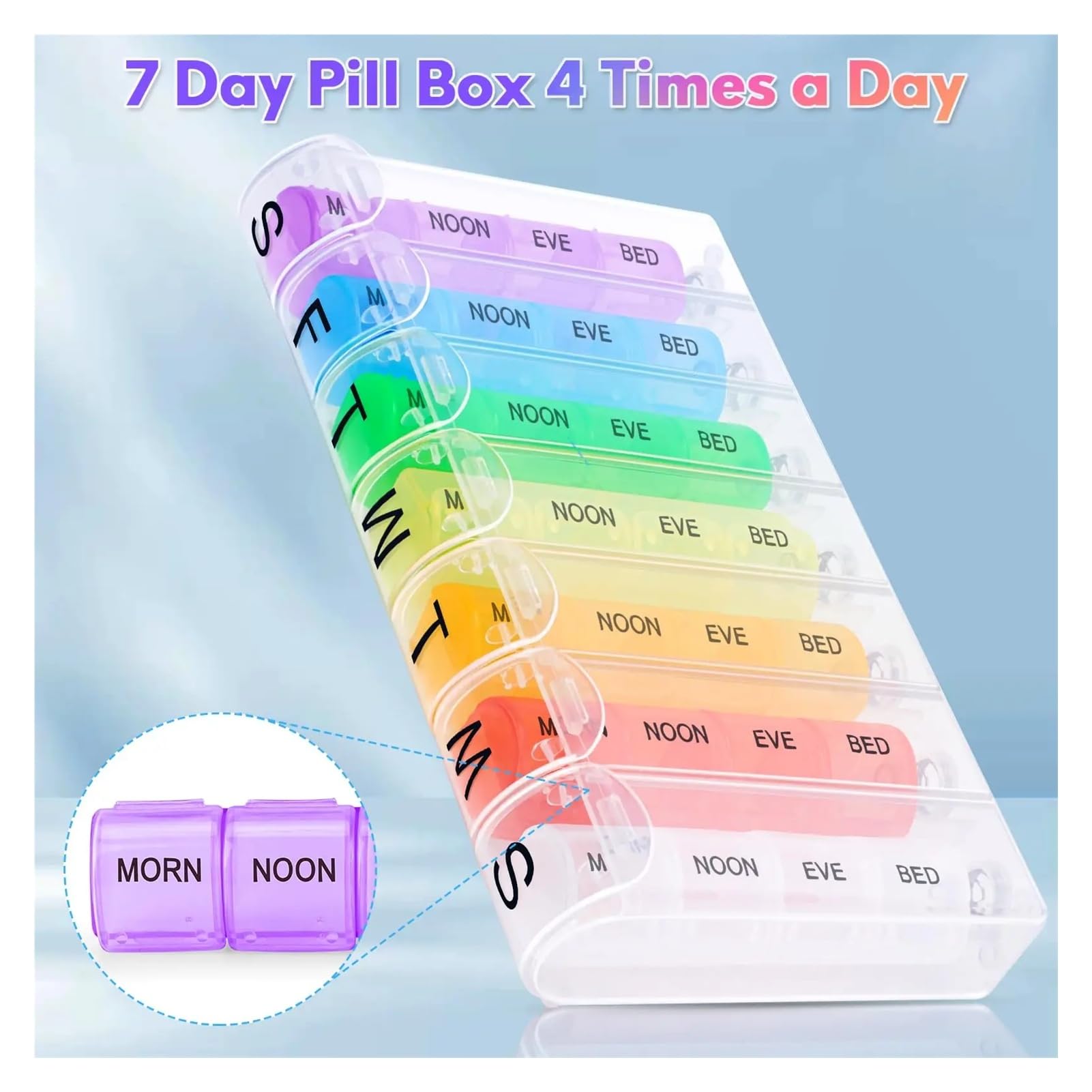 Caja de medicamentos semanal Pastillero de 7 días, 4 tomas diarias, pastillero semanal, organizador viaje con 28 compartimentos