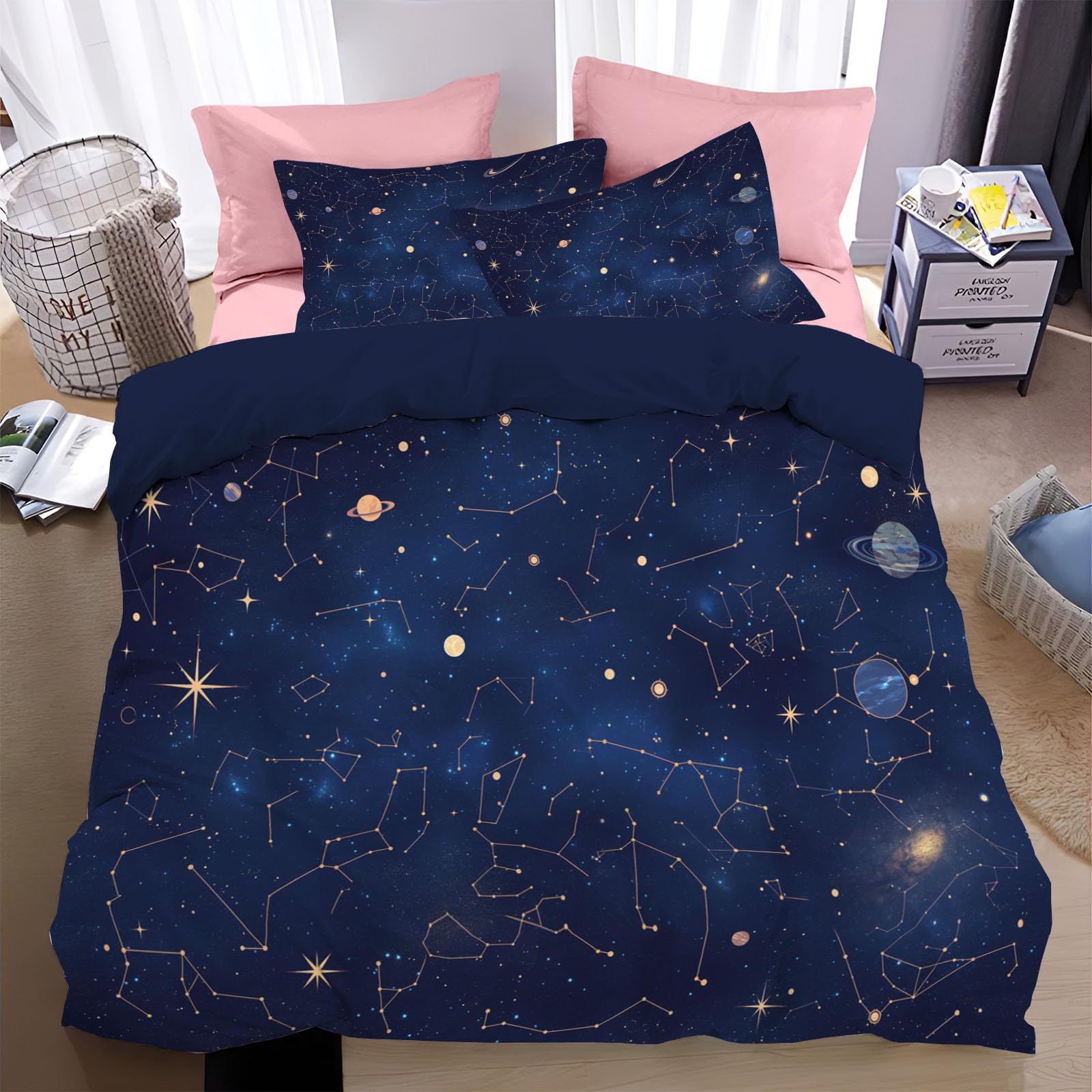 Parure de lit 2 personnes avec housse de couette 220x240cm et taies ciel étoilé