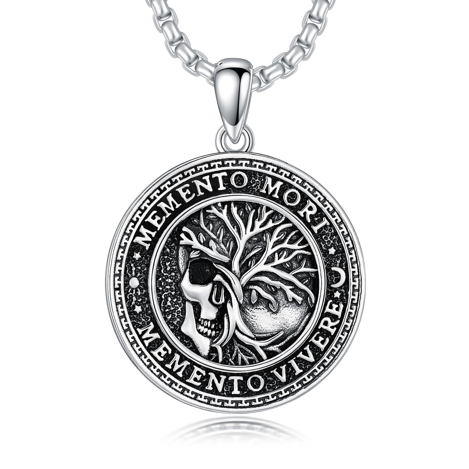 SIMONLY Memento Mori Necklace for Men 925 Sterling Silver Memento Mori Pendant Gothic Skull Pendant Amulet Protection Jewelry Gifts