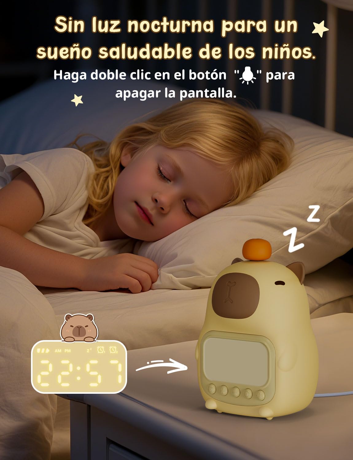 YISSVIC Despertador Infantil Reloj Despertador Digital 2 Alarmas Brillo Ajustables 8 Volumenes 5 Músicas, Función de Repetición Luces Nocturnas Recargable de 1800mAh para Infantil Adulto- Capibara