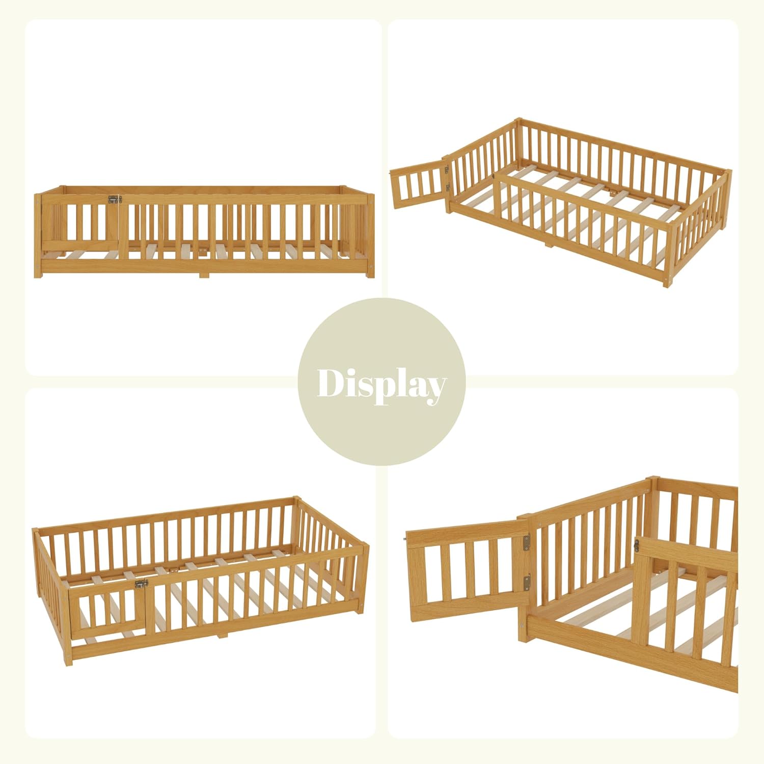 Twin Size Floor Bed with Door and Support Slats, Wood Kids Floor Bed with Full-length Guardrails, Montessori Floor Bed Frame for Kids, Boys, Girls, Childlike and No Box Spring Needed Design, Nature