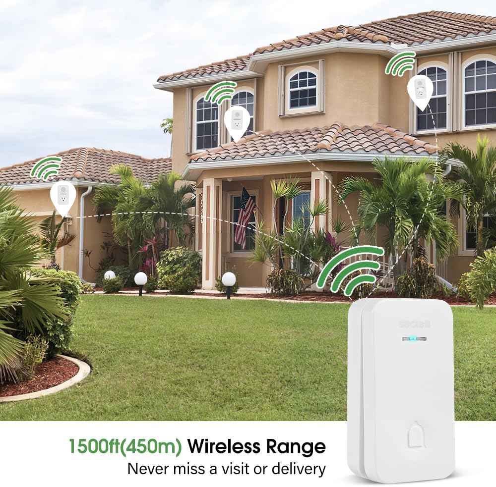 Wireless Doorbell Door Bell Chime 5 Volume Levels 60 Chimes,Self-Powered Door Bell with 2 USB Ports,1600ft Long Range Doorbell Kit with Socket LED Flashing,IP66 Waterproof No Battery Required