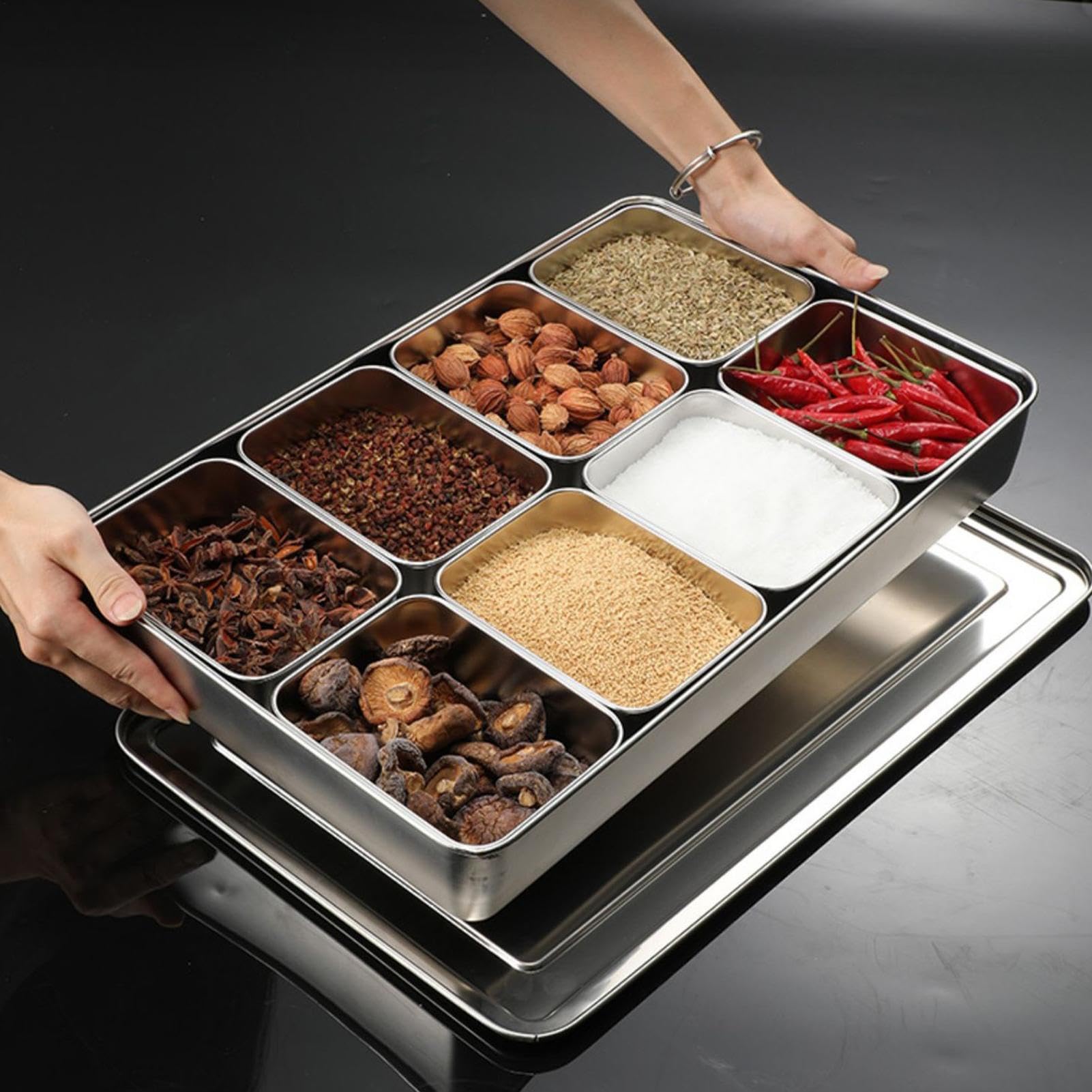Boîte à condiments rectangulaire avec plateau de support de couvercle divisé pour vinaigre, sel, boîtes de rangement d'assaisonnement de cuisine en acier inoxydable