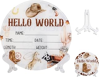 Acrylic Baby Birth Announcement Sign with Stand, Western Cowboy Theme Double-Sided Newborn Name Board, Hello World Milestone Card for Welcome Baby Hospital Nursery Gift Photo Prop