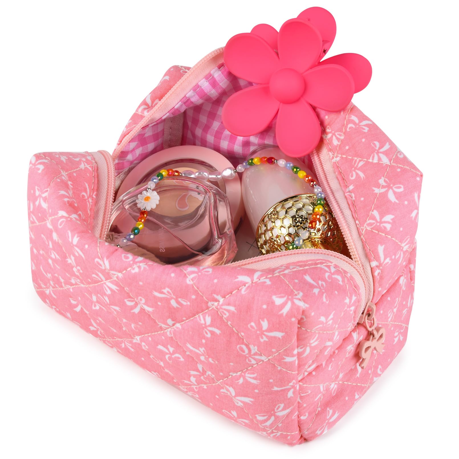 SOIDRAM Floral Makeup Bag Small Quilted Cosmetic Bag Cute Makeup Pouch  Coquette Makeup Bag Aesthetic Travel toiletry bag Organizer Cotton Makeup
