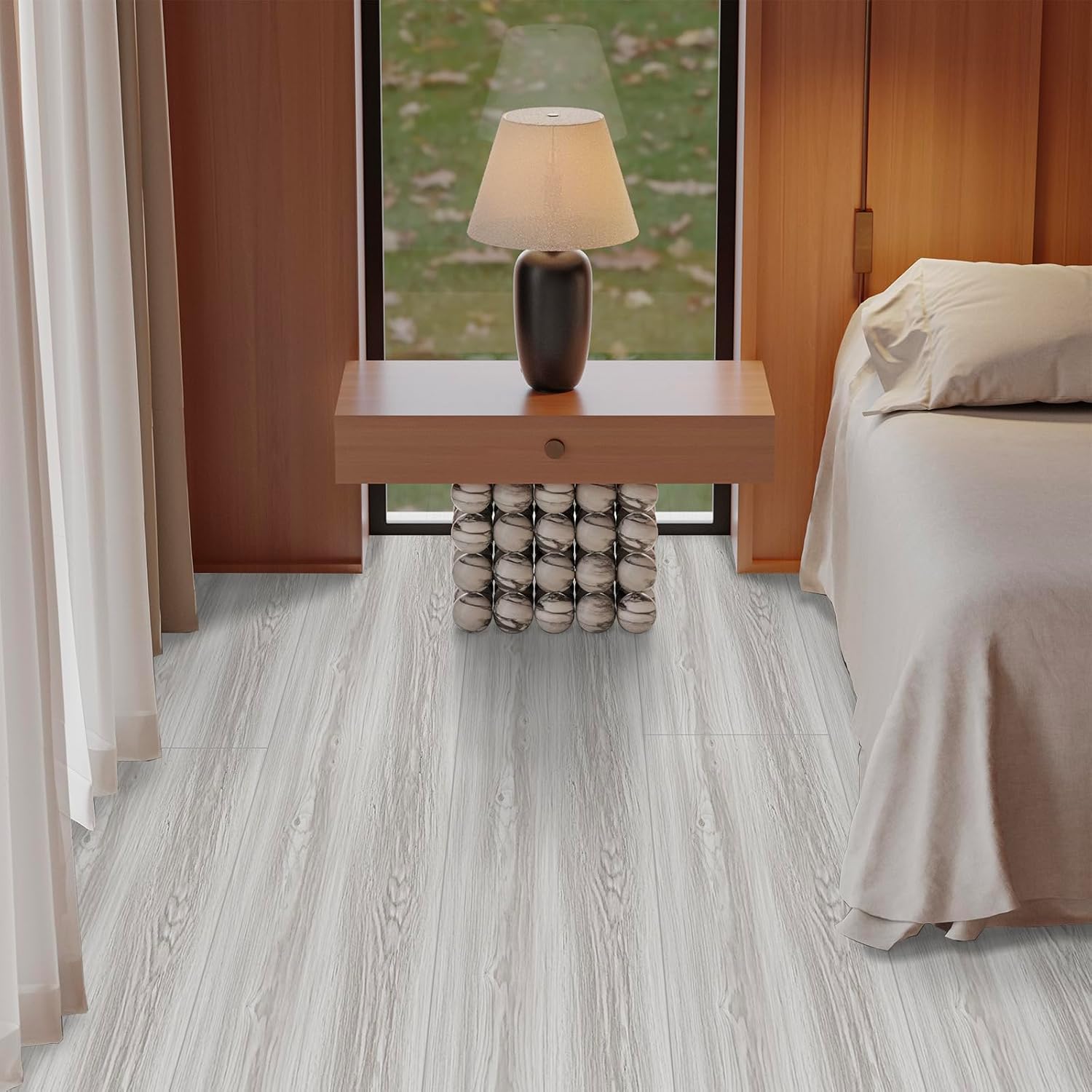 Peel and Stick Floor Tiles: 11.8x472.4inch Wood Grain Texture, Self-Adhesive and Waterproof Vinyl Flooring Roll, No Residue Ash White Flooring for Bathroom, Kitchen, Bedroom (Covers 38.8 Sq.Ft)