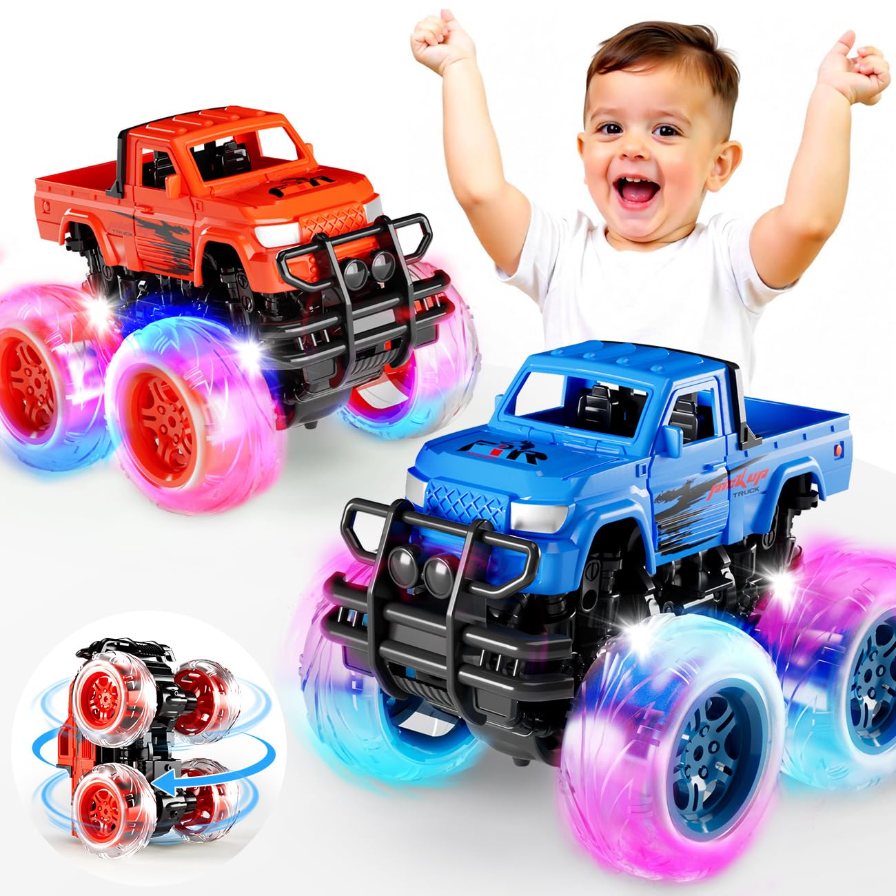 Winstico Monster Truck Toys for 2 3 4 Year Old Boys Gifts - Light Up Toy Cars for Boys Age 2 3 4 - Inertial Pull Back Cars Gifts for Toddler Kids Age 2-5 Presents (2 Pack)