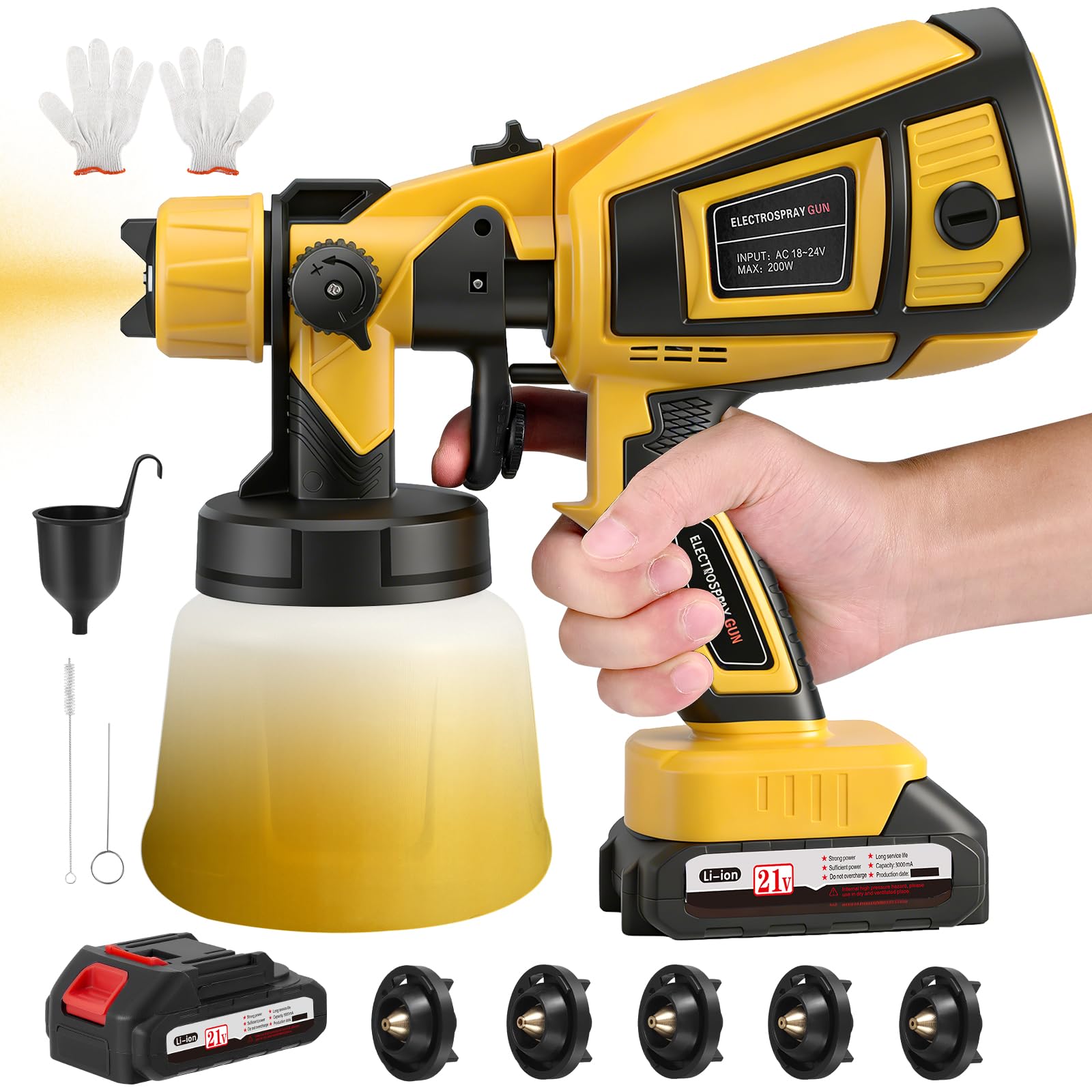 Pistolet a Peinture sans Fil, Pistolet à Peinture avec Batterie 21 V,Pulverisateur a Batterie avec 3 Modes de Pulvérisation Electrique avec 2x3000 mAh et Chargeur pour Clôtures, Murs