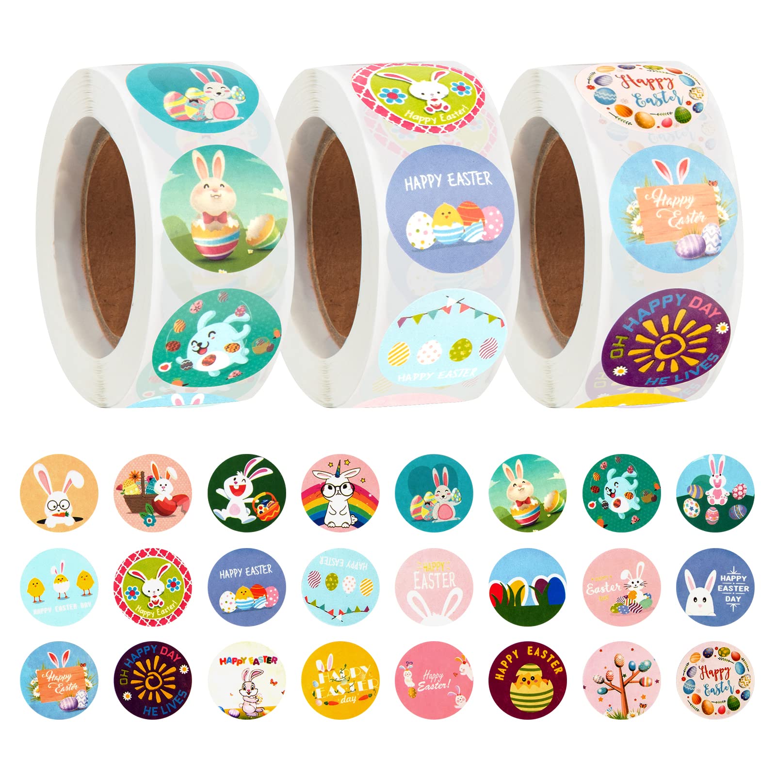 Xijuer 1500 Pcs Easter Stickers, Adhesive Label Stickers, Round Self Adhesive Easter Party Decoration Rabbit Label Stickers in 24 Designs, 3 Rolls, Multi